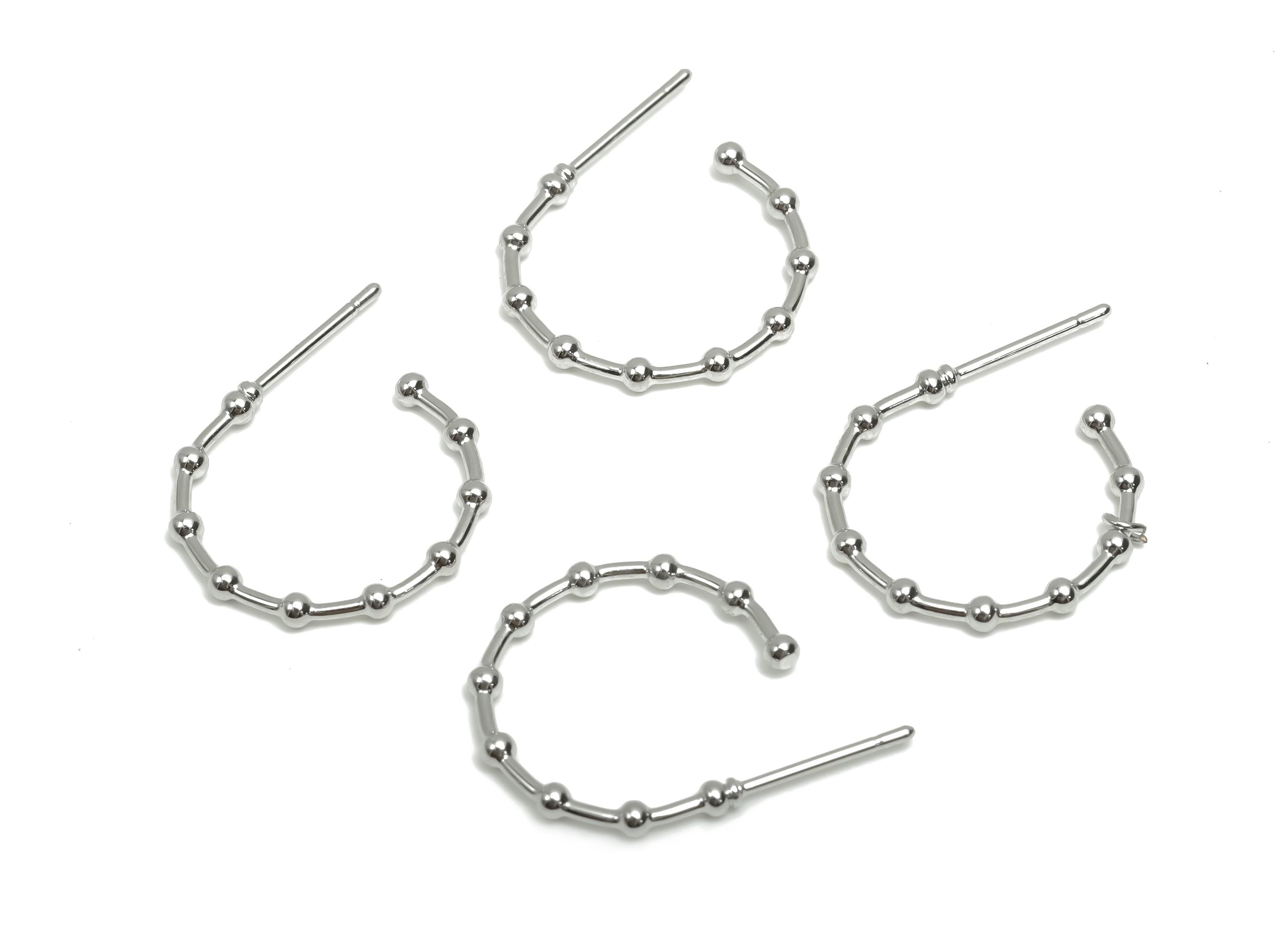 Brass Hoop Earring Stud - Brass Open Hoop Earring Post - Beaded Hoop Earring Post - 18K Real White Gold Plating - 24x18x1.83mm - RGP7862 - DOMEDBAZAAR