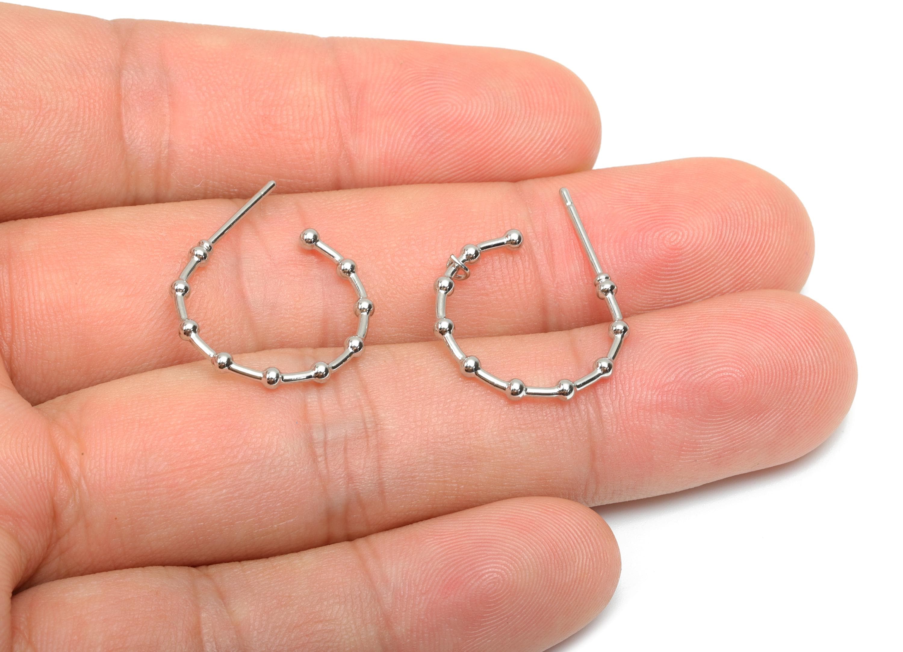 Brass Hoop Earring Stud - Brass Open Hoop Earring Post - Beaded Hoop Earring Post - 18K Real White Gold Plating - 24x18x1.83mm - RGP7862 - DOMEDBAZAAR