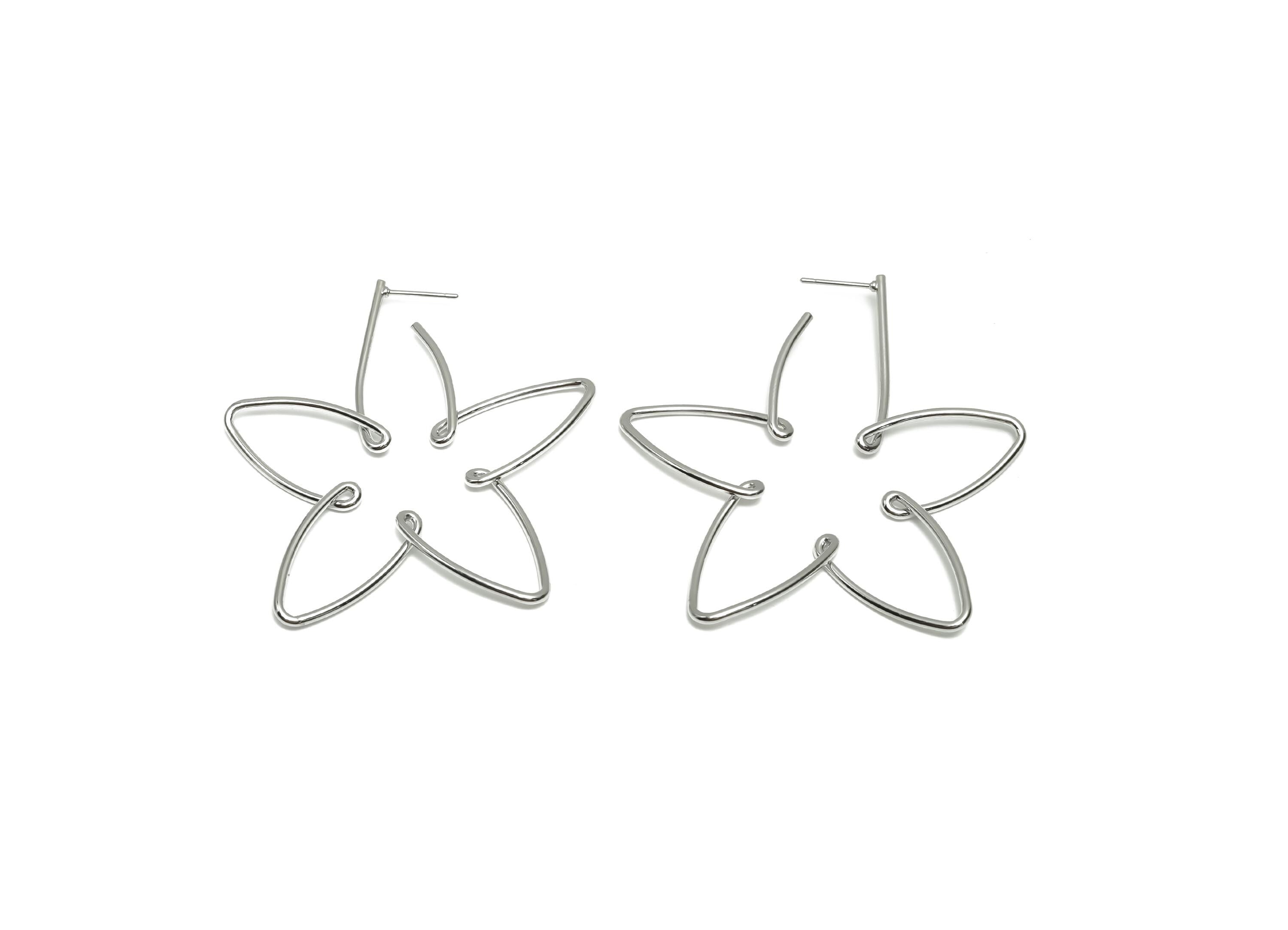 Brass Flower Earring Stud - Brass Flower Wire Earring Post - Brass Flower Earring Post - 18K Real White Gold Plating - 57x52x1mm - RGP8084 - DOMEDBAZAAR