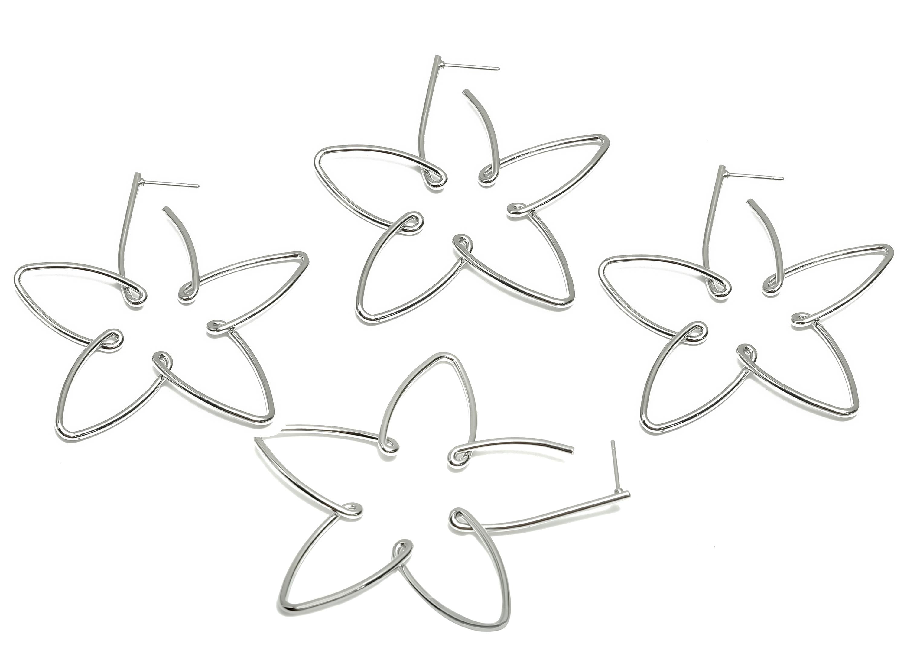 Brass Flower Earring Stud - Brass Flower Wire Earring Post - Brass Flower Earring Post - 18K Real White Gold Plating - 57x52x1mm - RGP8084 - DOMEDBAZAAR
