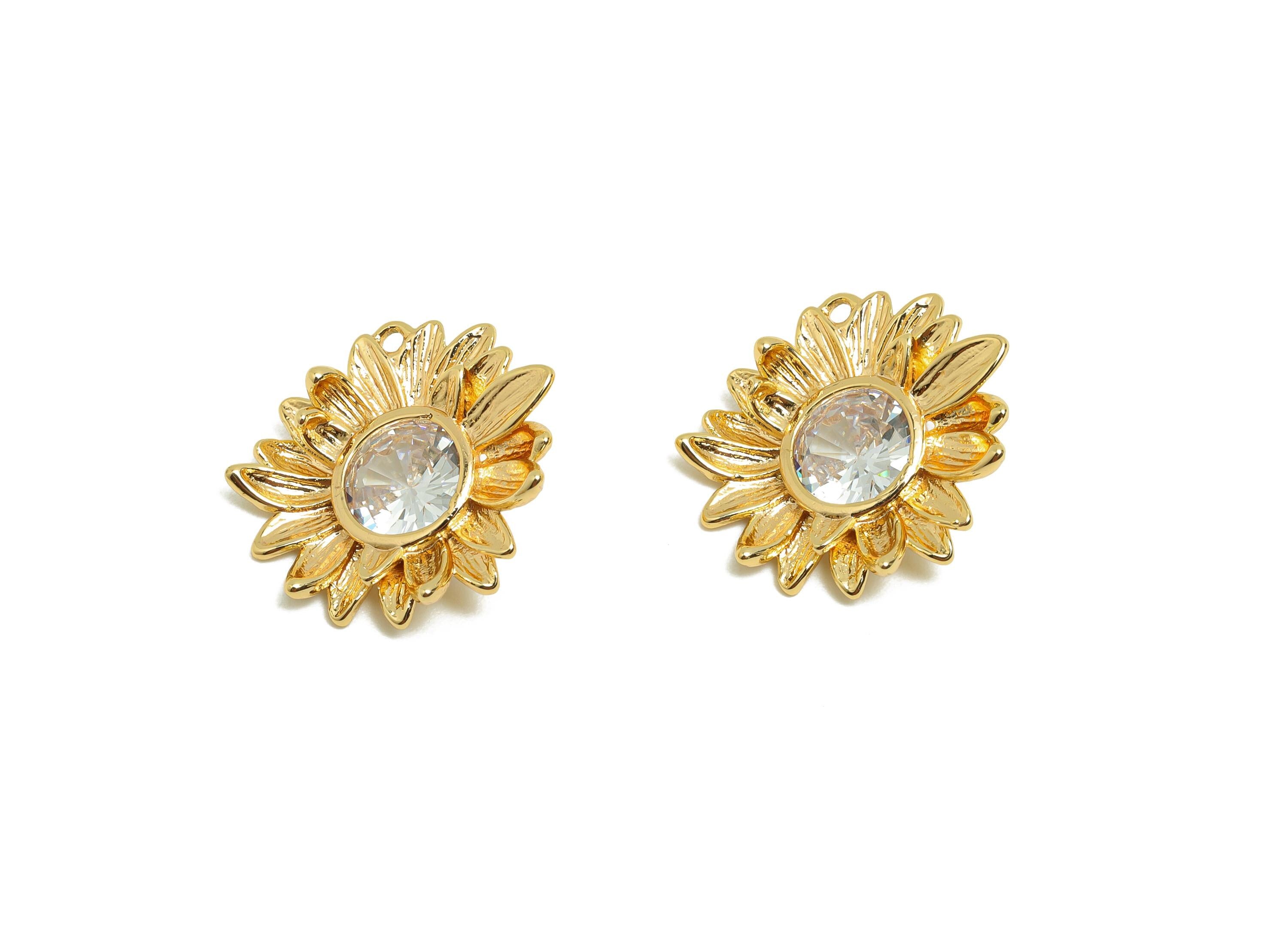Brass Earring Charm - Brass Textured Daisy Charm - Brass Flower Pendant - Flower CZ Pendant - 18K Real Gold Plating - 17x17x4mm - RGP9996 - DOMEDBAZAAR