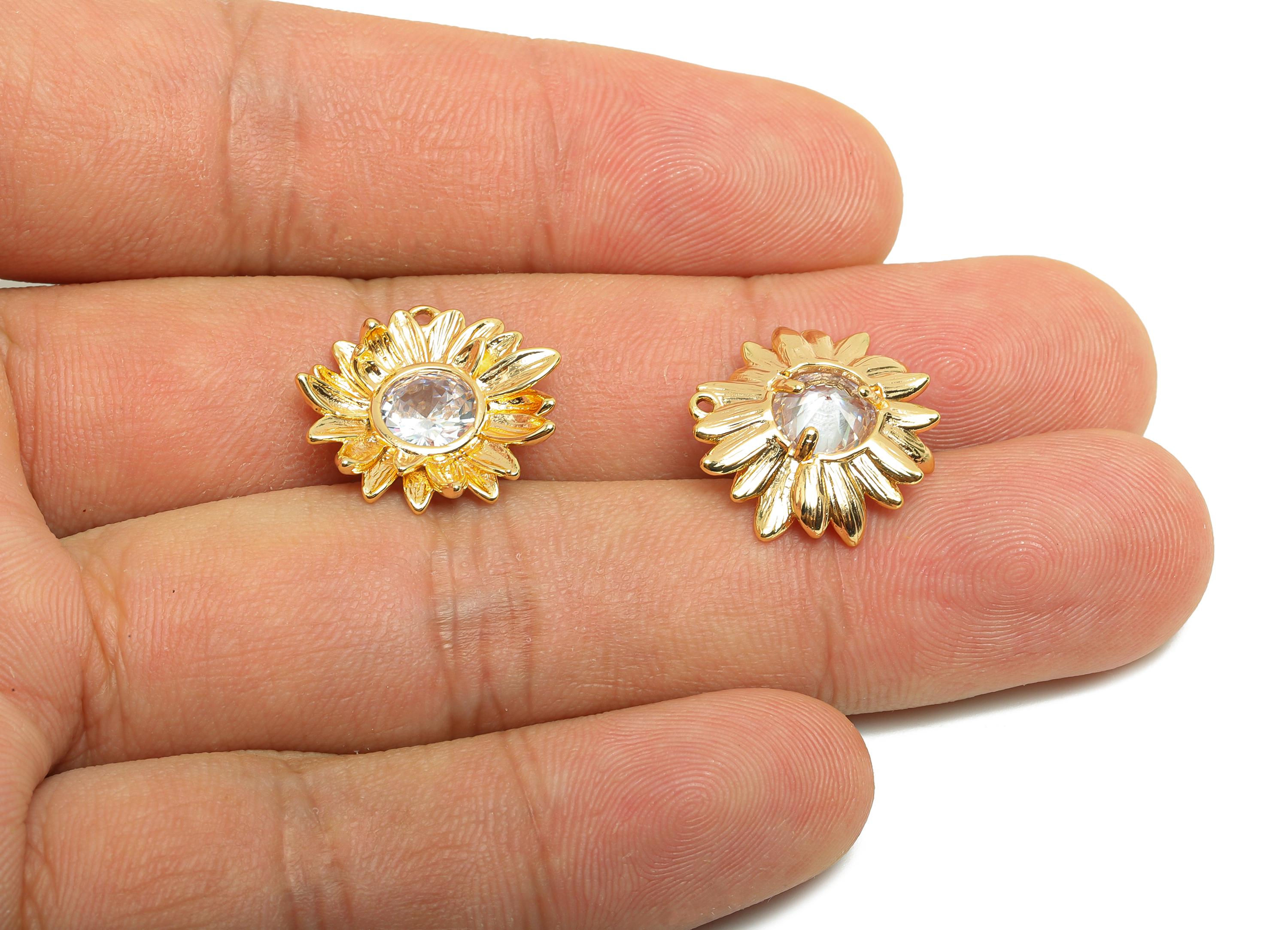 Brass Earring Charm - Brass Textured Daisy Charm - Brass Flower Pendant - Flower CZ Pendant - 18K Real Gold Plating - 17x17x4mm - RGP9996 - DOMEDBAZAAR