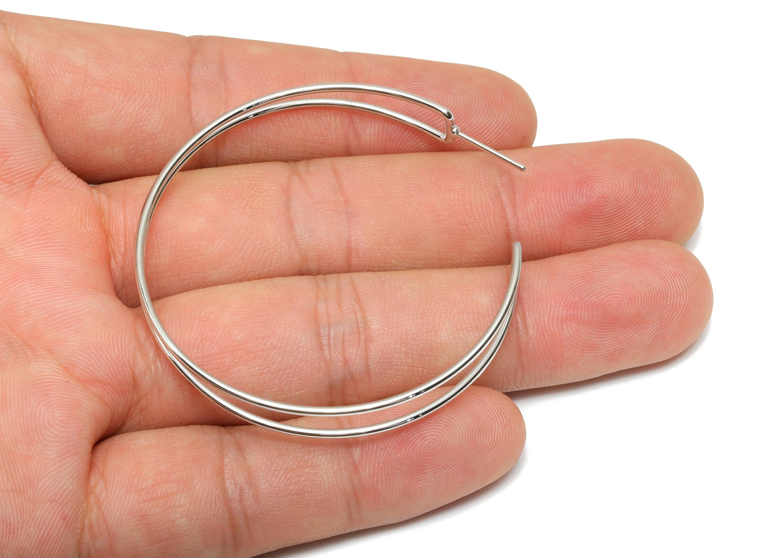 Brass Hoop Earring Stud - Brass Open Hoop Earring Post - Geometry Large Hoop Earring Post - 18K Real White Gold Plated - 50x48x1mm - RGP8090 - DOMEDBAZAAR