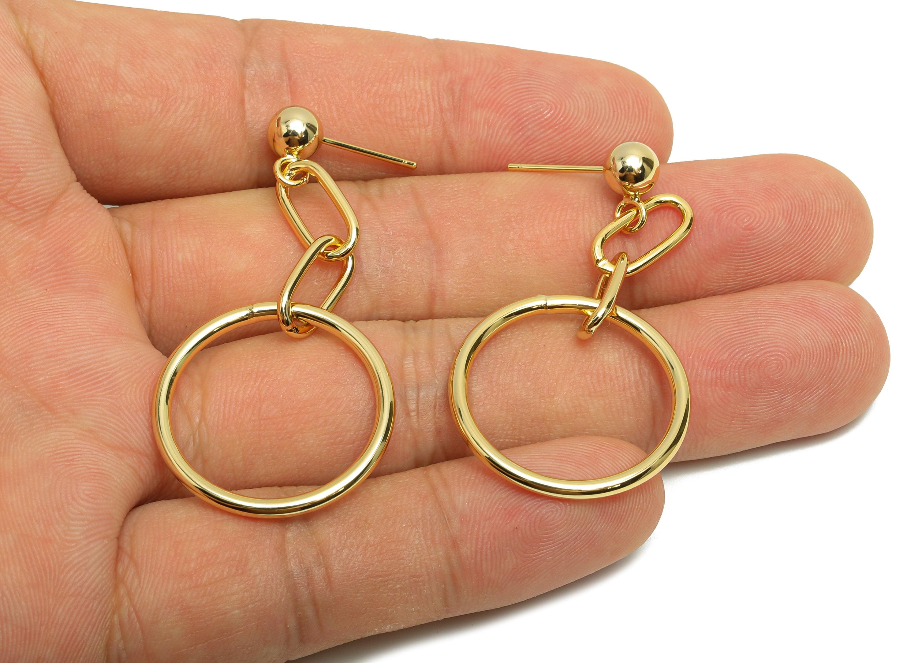Brass Ball Circle Earring Stud - Rectangle Oval Dangle Earring - Gold Woman&#39;s Daily Wear Ear - 18K Real Gold Plated -51.25x25x1.4mm- RGP8696 - DOMEDBAZAAR