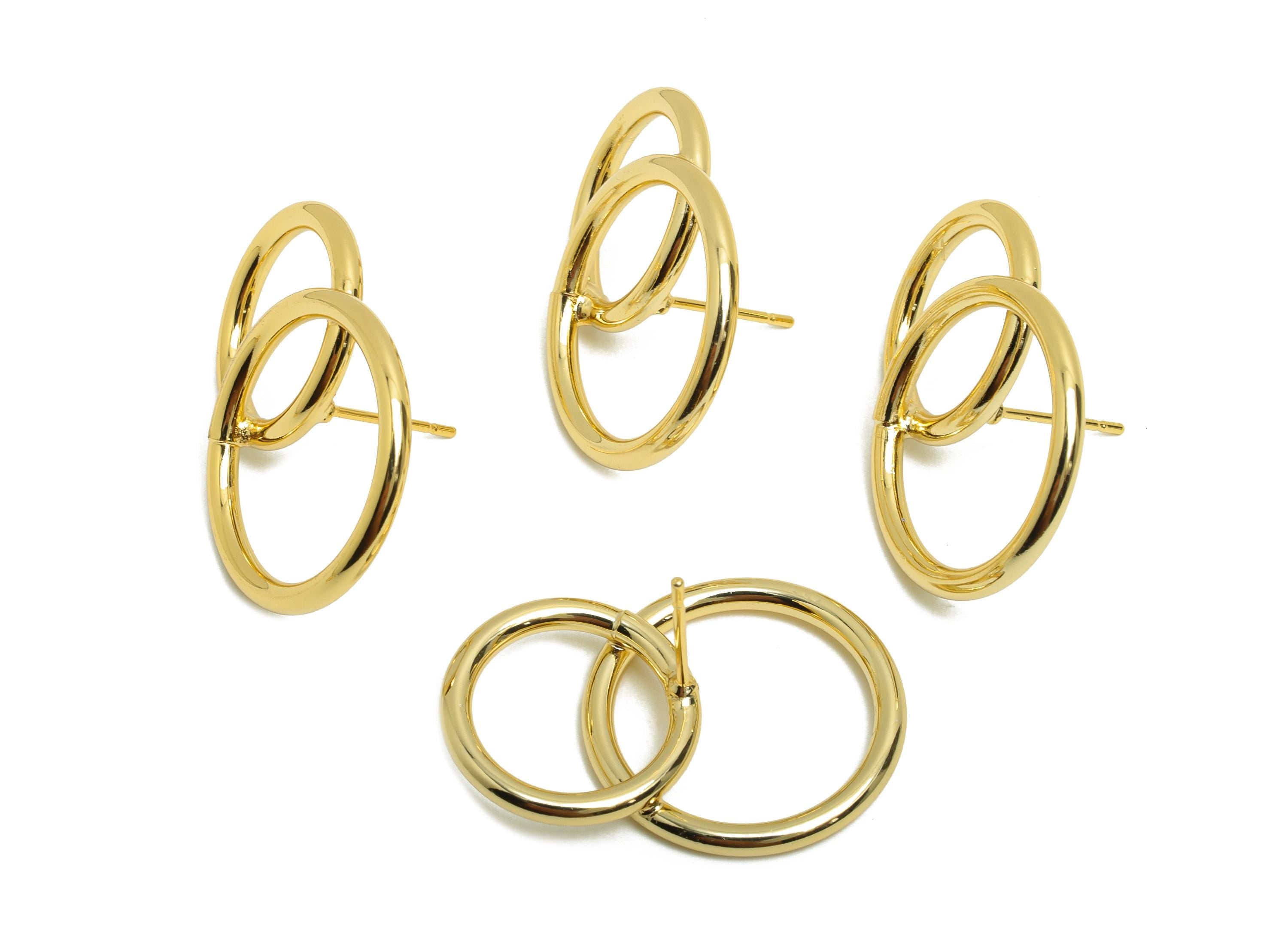 Brass Circle Earring Stud - Double Round Earring Post for Woman&#39;s - Gold Daily Wear Earring - 18K Real Gold Plating -28.82x20.25x2mm-RGP8697 - DOMEDBAZAAR