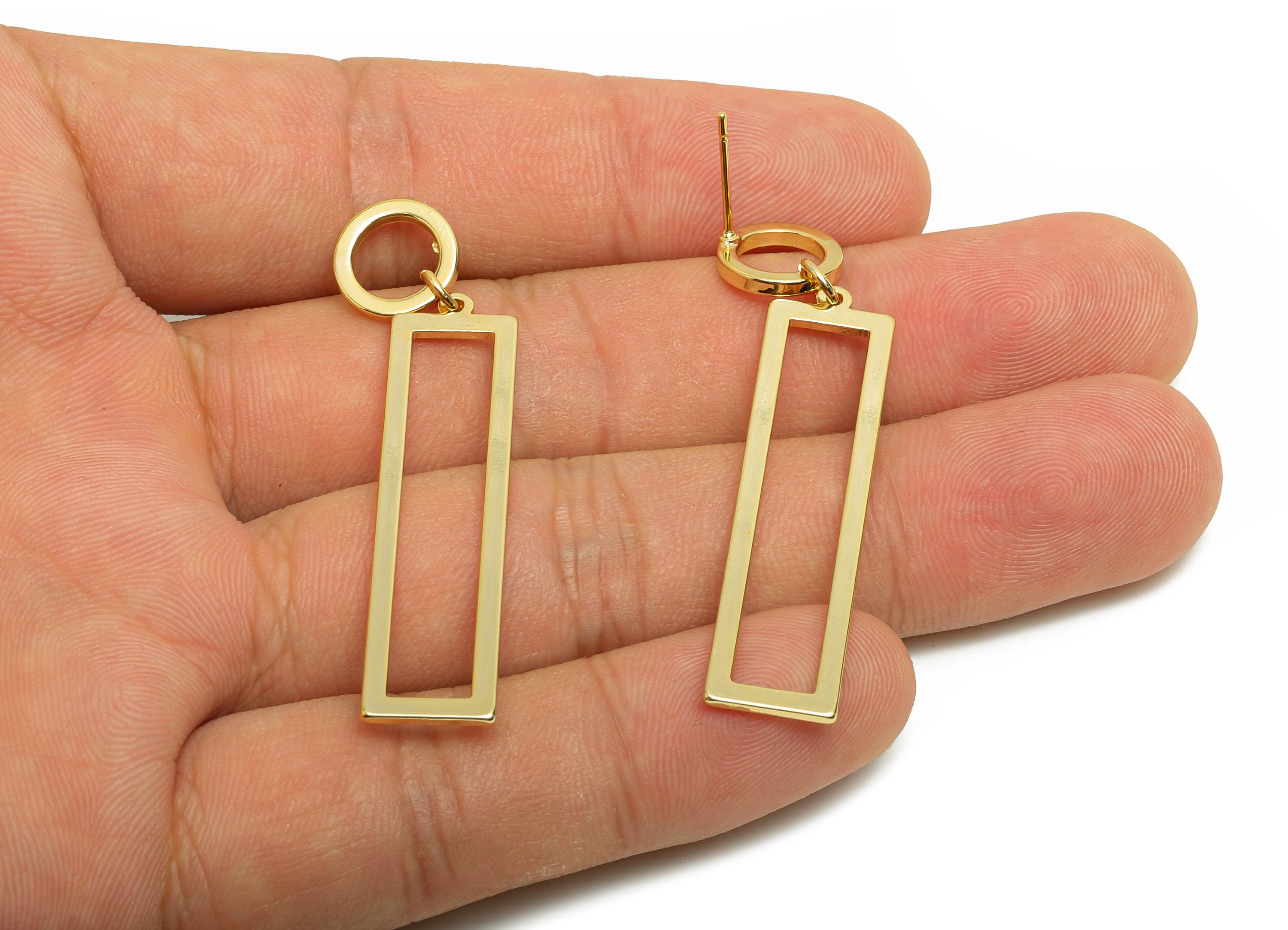 Brass Rectangle Earring Stud - Circle Earring for Woman&#39;s - Gold Daily Wear Dangle Earring - 18K Real Gold Plating - 50x99.6x1.01mm- RGP8700 - DOMEDBAZAAR