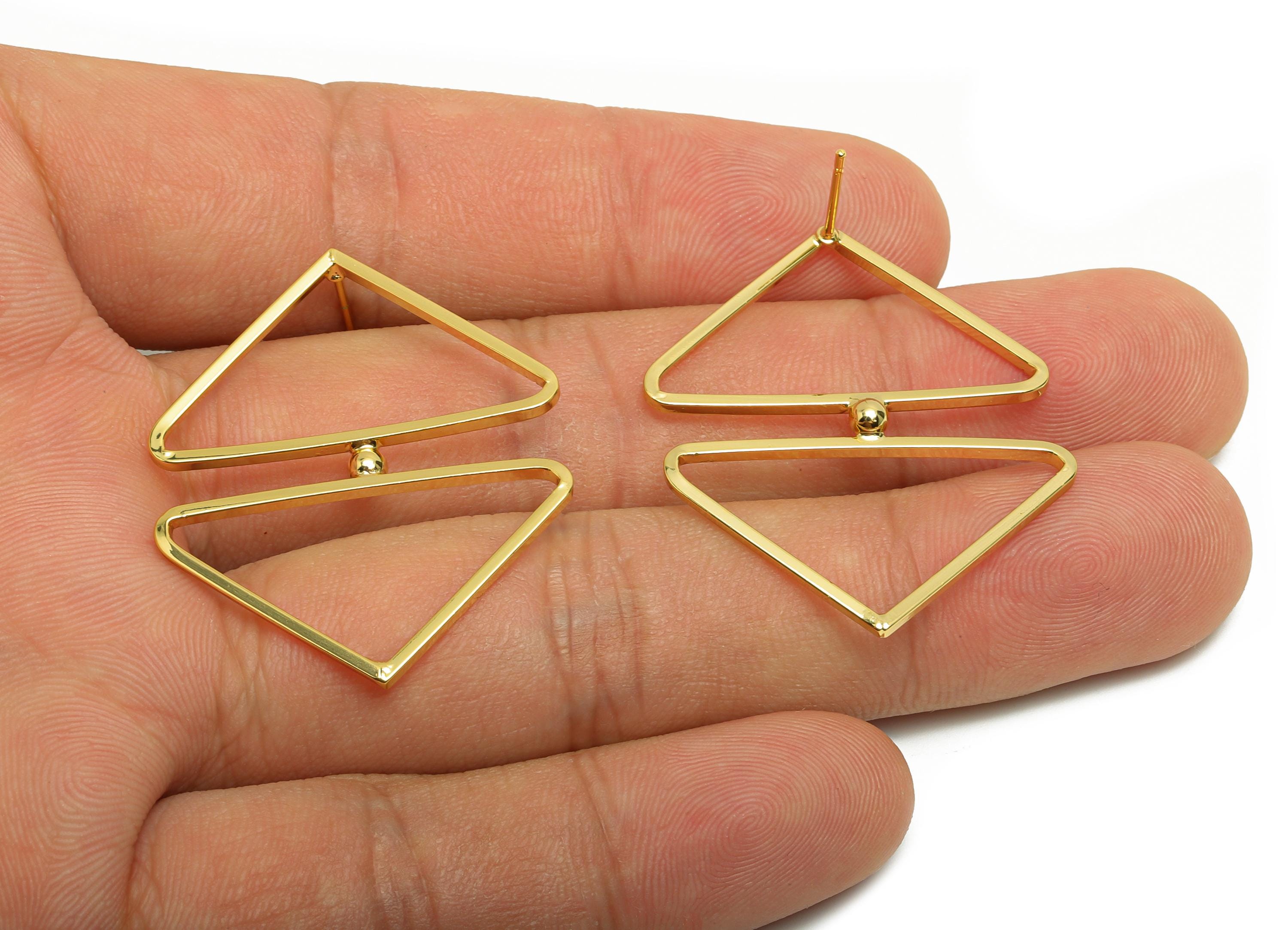 Brass Triangle Earring Stud - Double Triangle Earring for Woman&#39;s - Gold Earring Post - 18K Real Gold Plating - 37.55x31.2x1.36mm - RGP8702 - DOMEDBAZAAR