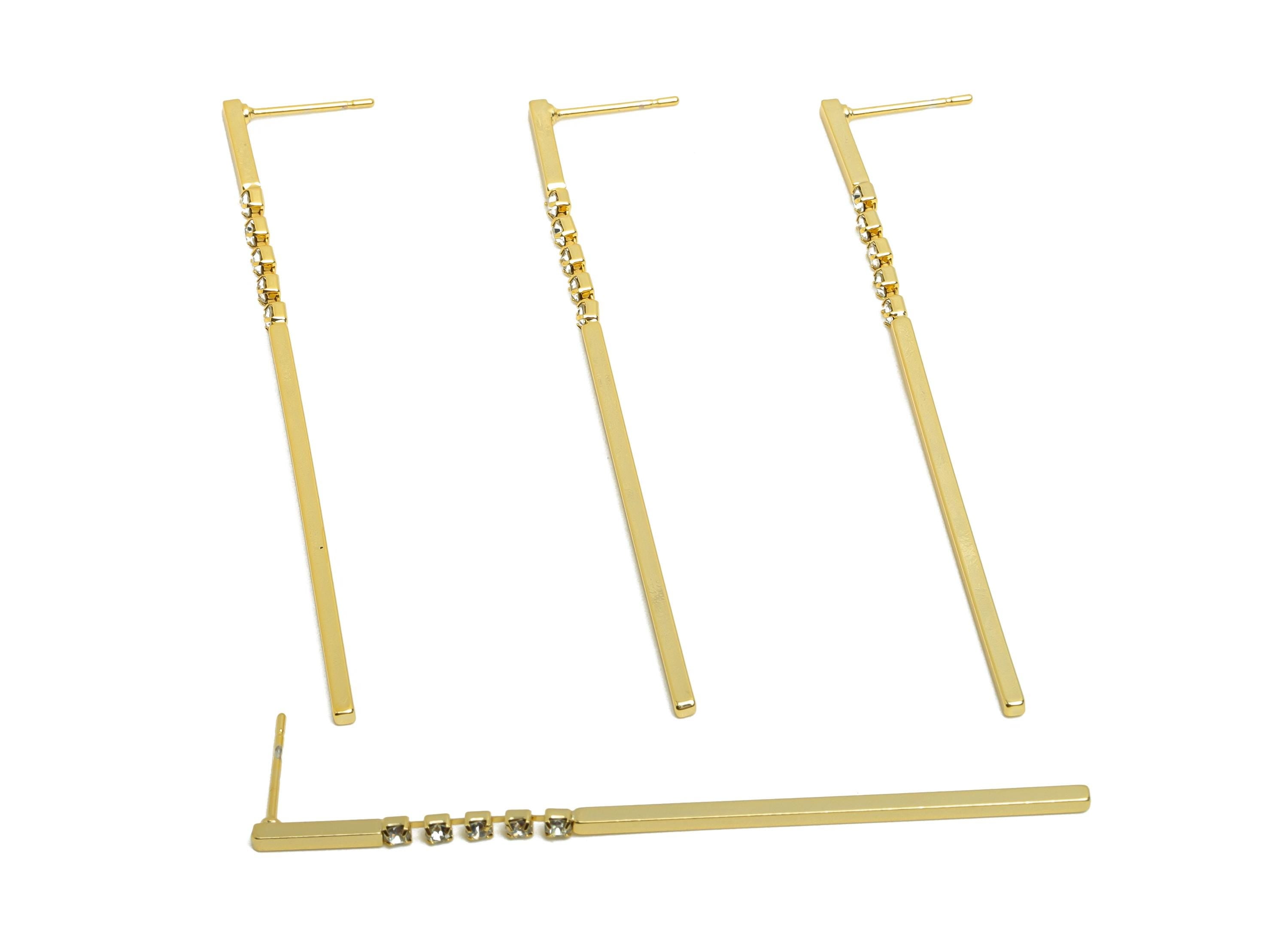 Brass Bar Earring Stud - Zircon Chain Earring Post for Woman&#39;s - Gold Daily Wear Dangle Ear - 18K Real Gold Plating-63.5x2.07x1.56mm-RGP8706 - DOMEDBAZAAR