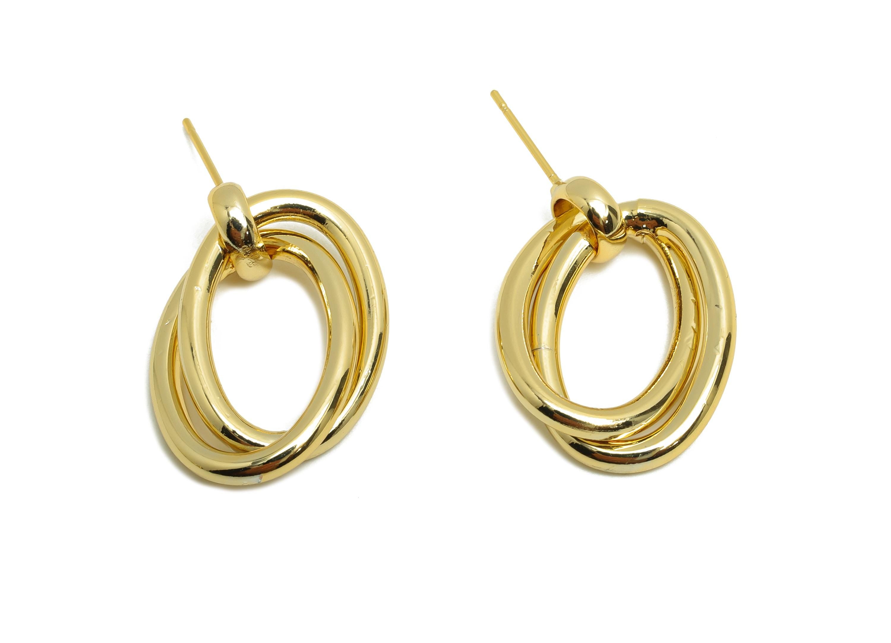 Brass Double Oval Earring - Intertwined Oval Ear Stud for Woman&#39;s - Gold Earring Post - 18K Real Gold Plating - 27.86x16.5x2.56mm - RGP8713 - DOMEDBAZAAR