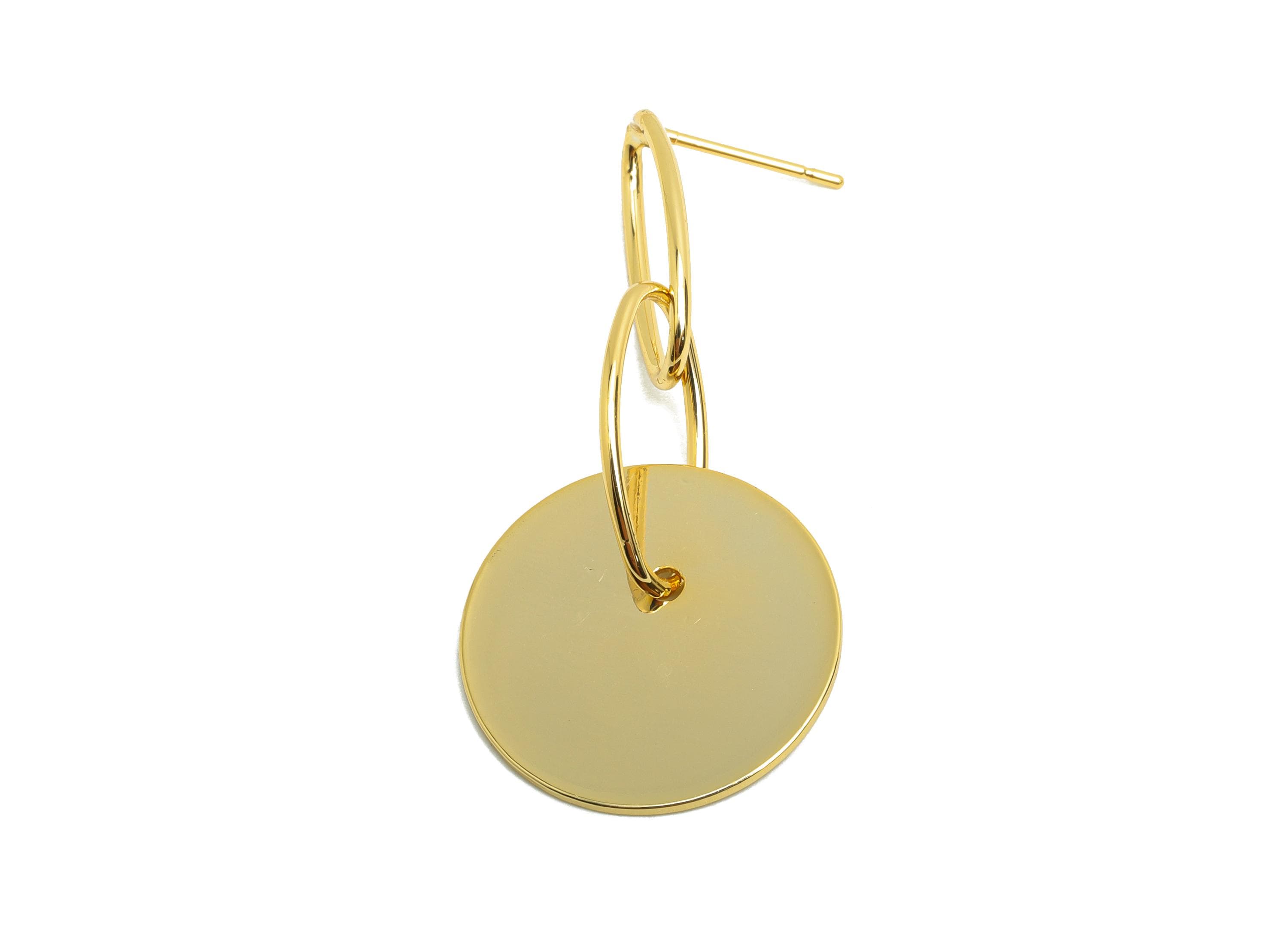 Brass Oval Dangle Earring - Round Dangle Earring Post for Woman&#39;s - Gold Earring Stud - 18K Real Gold Plating - 45.32x19.89x1.05mm RGP8718 - DOMEDBAZAAR