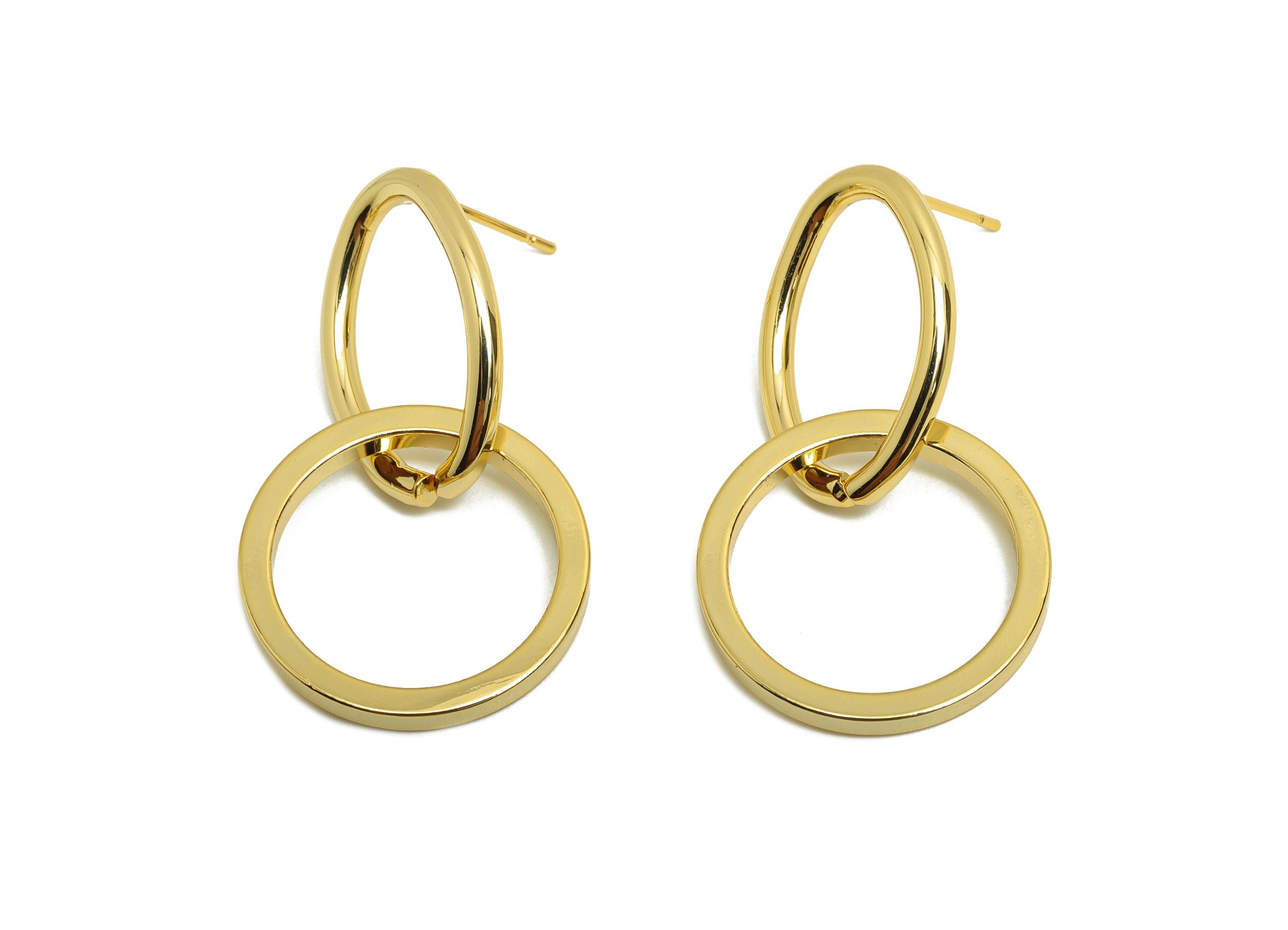 Brass Oval Dangle Earring - Circle Dangle Earring Post for Woman&#39;s - Gold Earring Stud - 18K Real Gold Plating - 34.6x20.03x2.05mm - RGP8719 - DOMEDBAZAAR