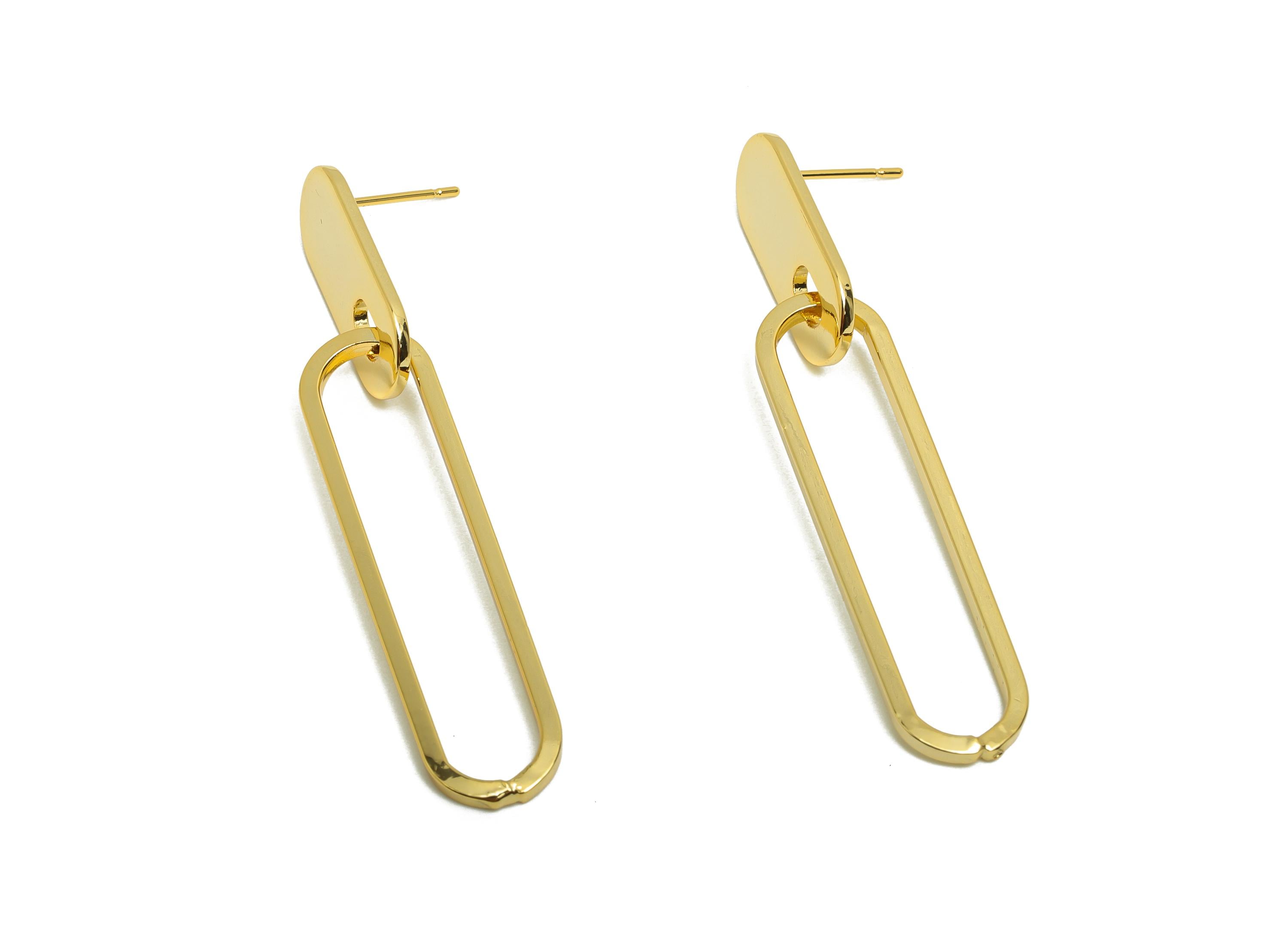 Brass Rectangle Earring Stud - Oval Earring for Woman&#39;s - Gold Long Dangle Earring Post - 18K Real Gold Plating - 54.49x9.7x1.2mm - RGP8720 - DOMEDBAZAAR