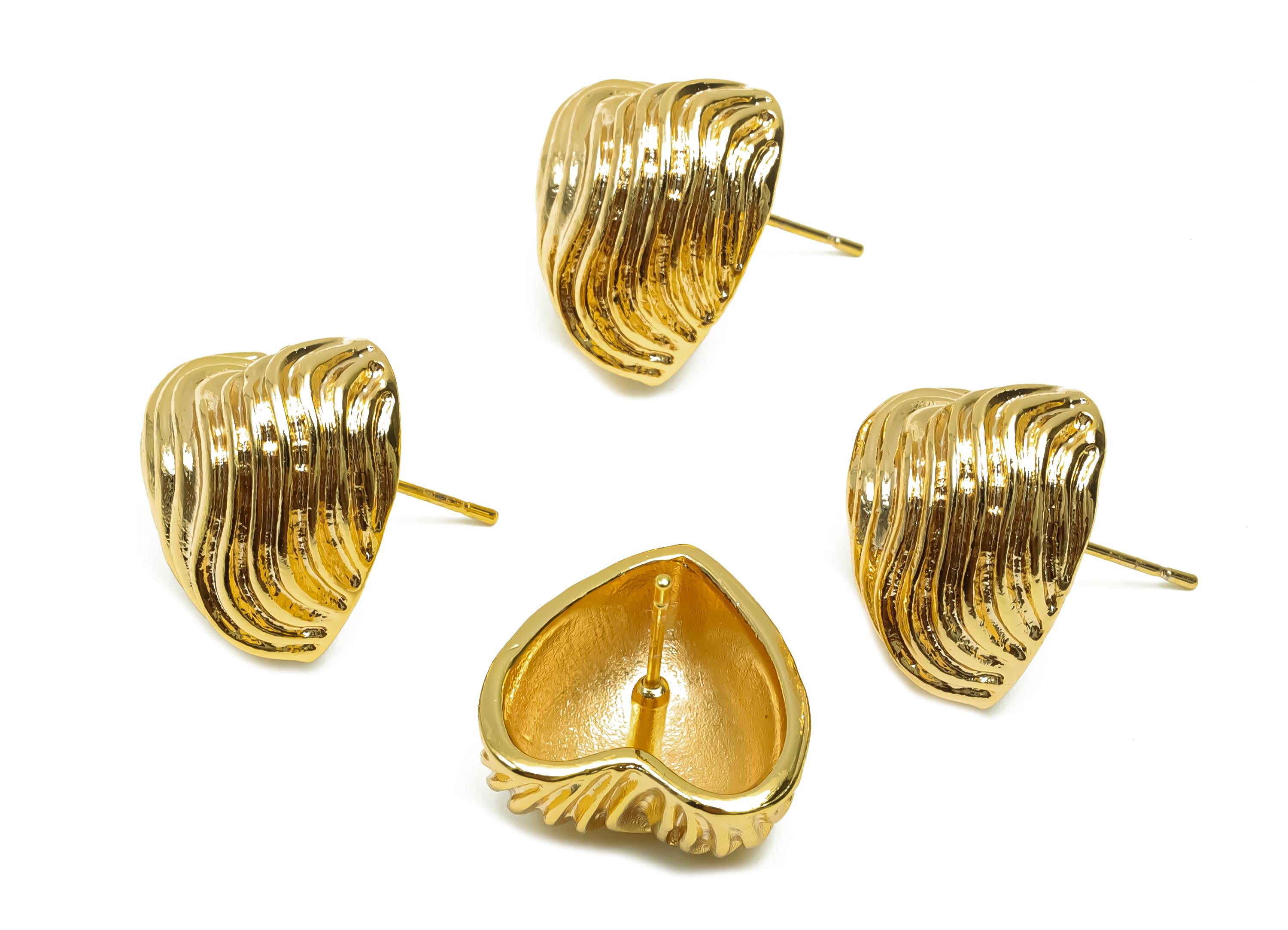 Brass Heart Earring Post -  Brass Textured Heart Earring Post - Brass  Cubic Heart Earring Post - 18K Real Gold Plating - 17x17x9mm -RGP8325 - DOMEDBAZAAR