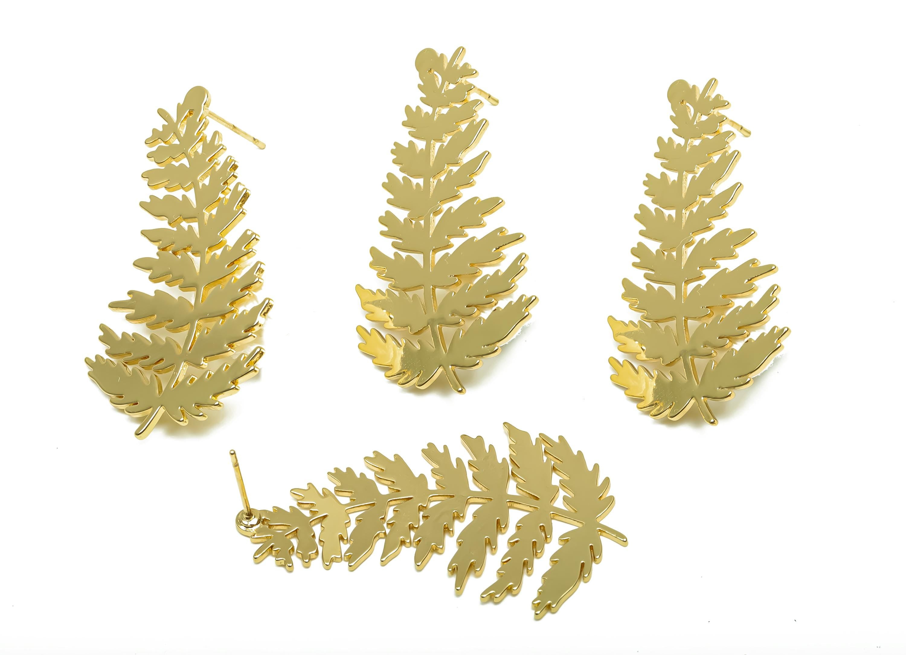 Brass Leaf Earring Stud -  Brass Botanical Earring Post - Brass  Textured Leaf Earring Post - 18K Real Gold Plating - 39.6x22x1.1mm -RGP8340 - DOMEDBAZAAR