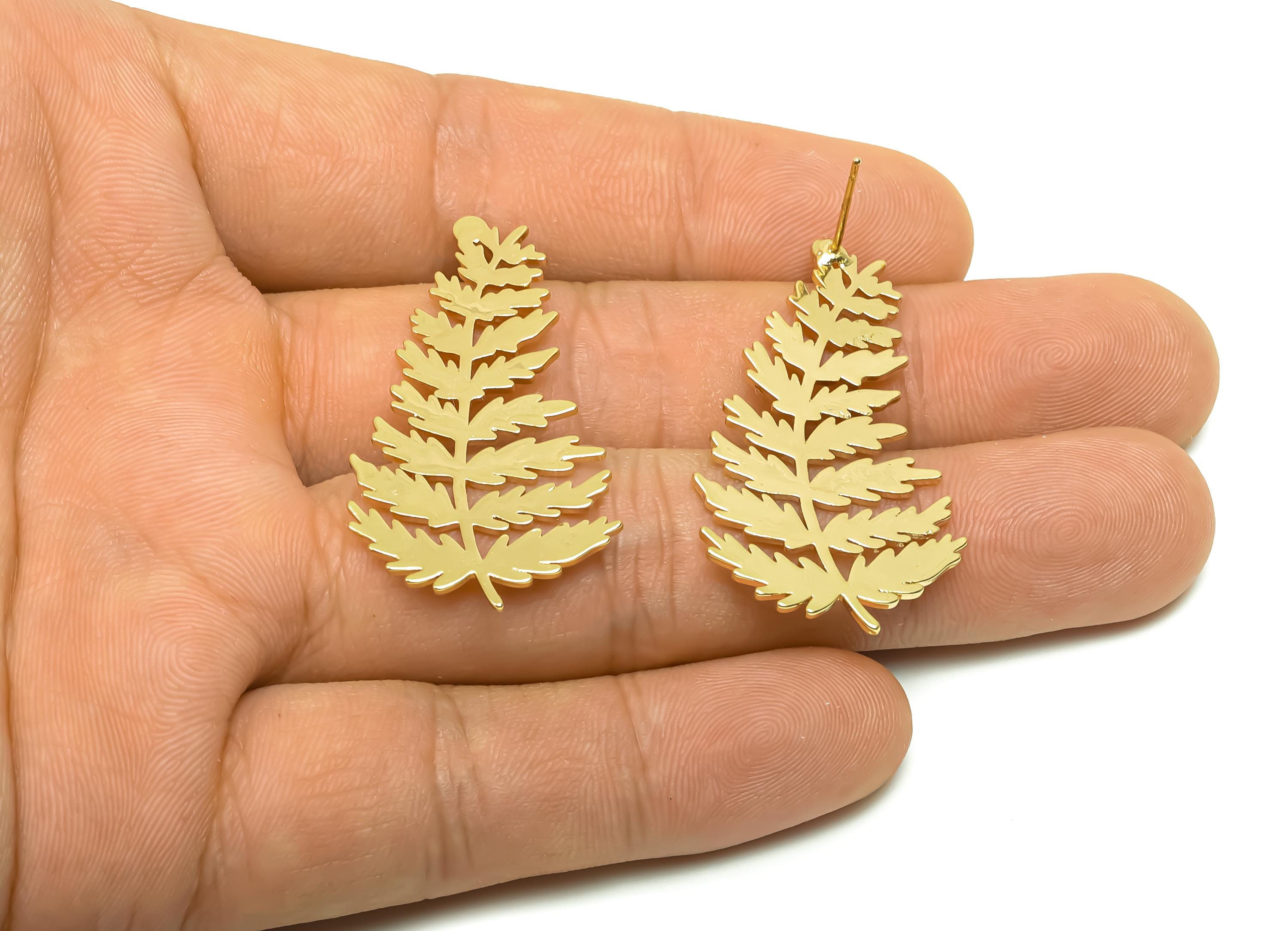 Brass Leaf Earring Stud -  Brass Botanical Earring Post - Brass  Textured Leaf Earring Post - 18K Real Gold Plating - 39.6x22x1.1mm -RGP8340 - DOMEDBAZAAR