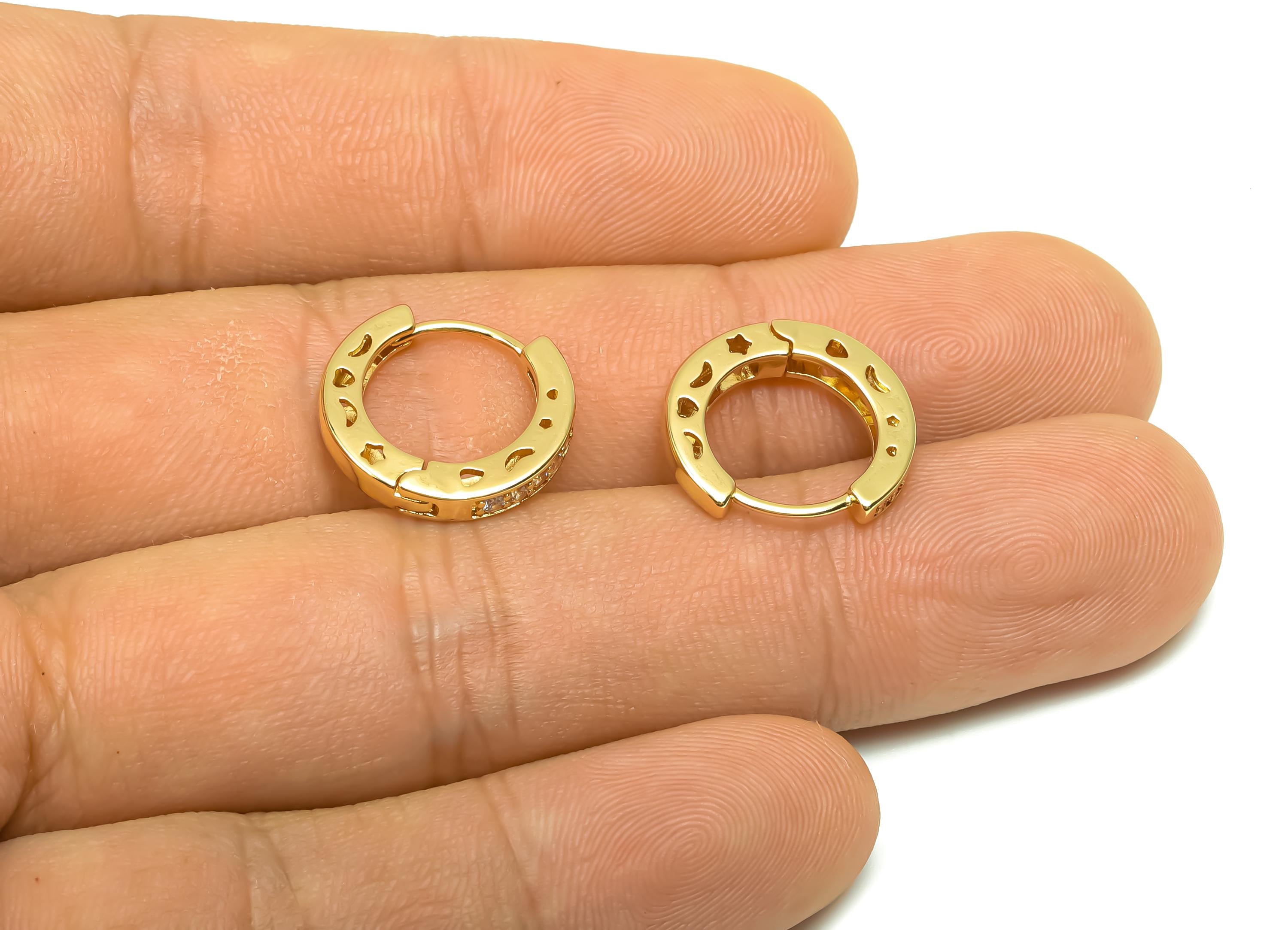Brass CZ Hoop Earring - Brass Pattern Huggie Hoop Earring - Cubic Zircon Clasp Hoop Earring - 18K Real Gold Plating - 15.6x14x3mm - RGP8359 - DOMEDBAZAAR