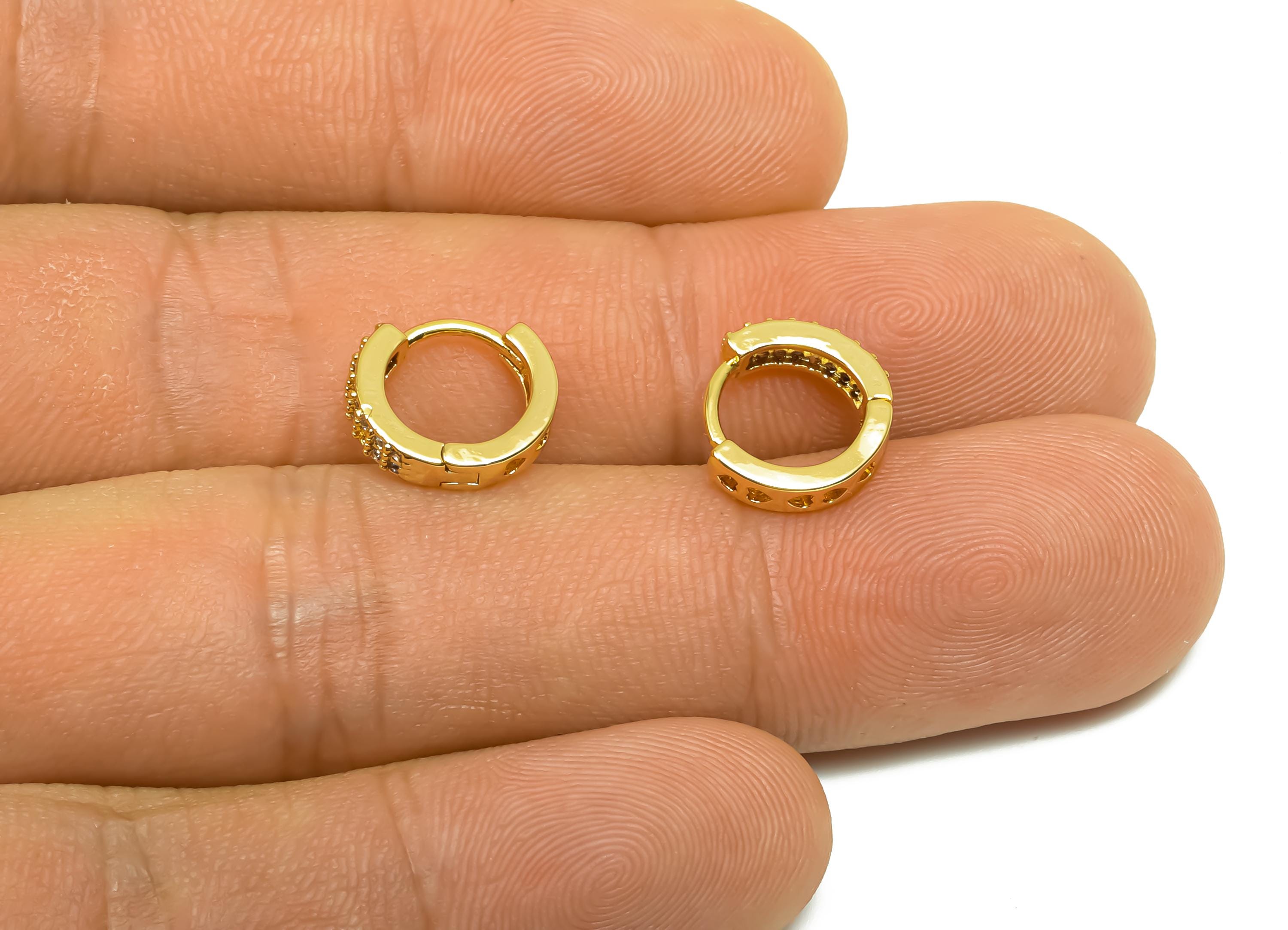 Brass CZ Hoop Earring - Brass Pattern Huggie Hoop Earring - Cubic Zircon Mini Hoop Earring - 18K Real Gold Plating - 10x11x2.6mm - RGP8333 - DOMEDBAZAAR