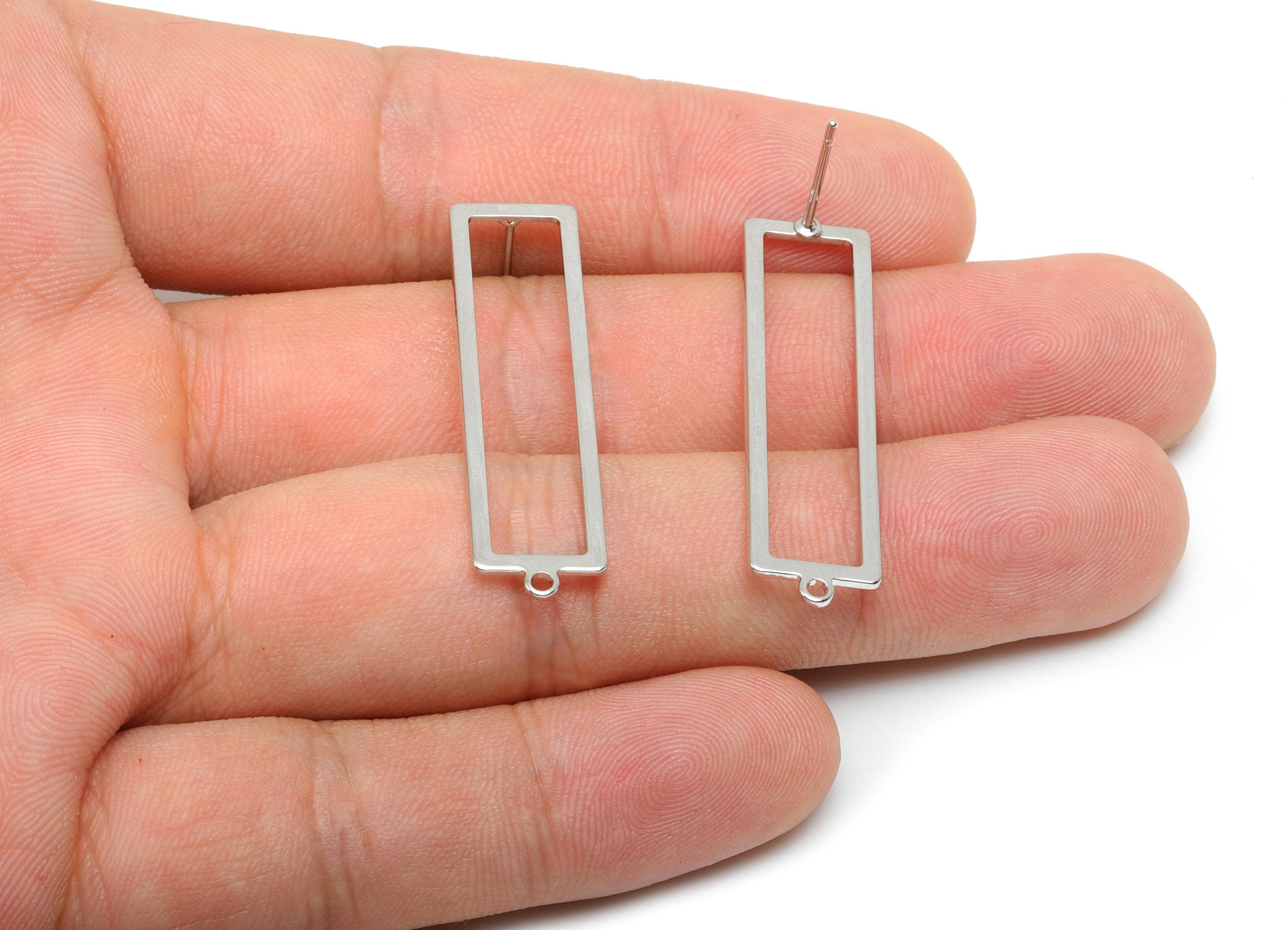 Brass Rectangle Earring Stud - Brass  Earring Post With Loop - Geometry Earring Post - 18K Real White Gold Plating - 38x10x0.9mm - RGP8350 - DOMEDBAZAAR