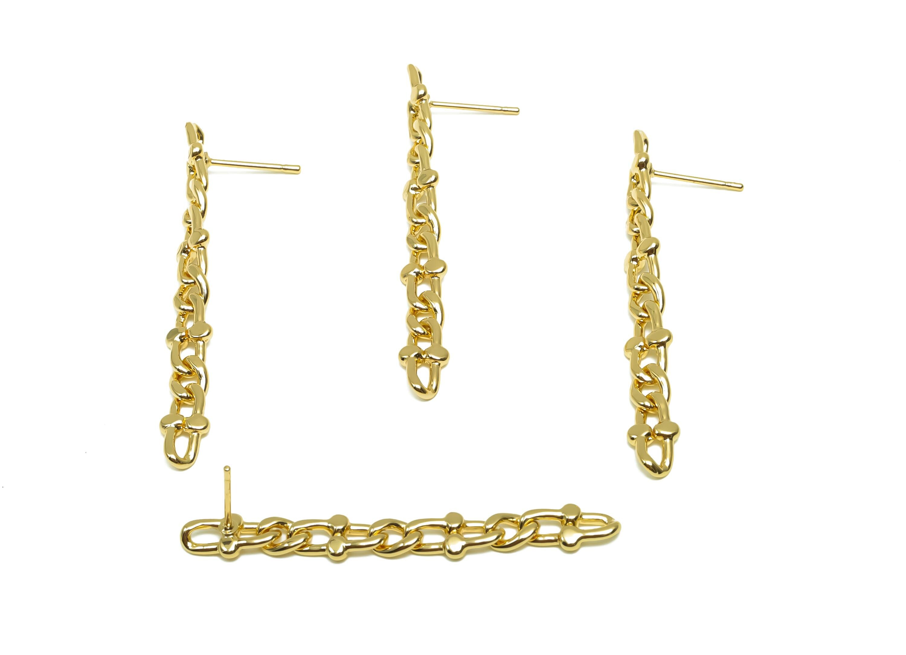 Brass Chain Earring Stud - Brass Tassel Earring Post - Brass Hammered Chain Earring Post - 18K Real Gold Plating - 45x5x1.63mm - RGP8341 - DOMEDBAZAAR