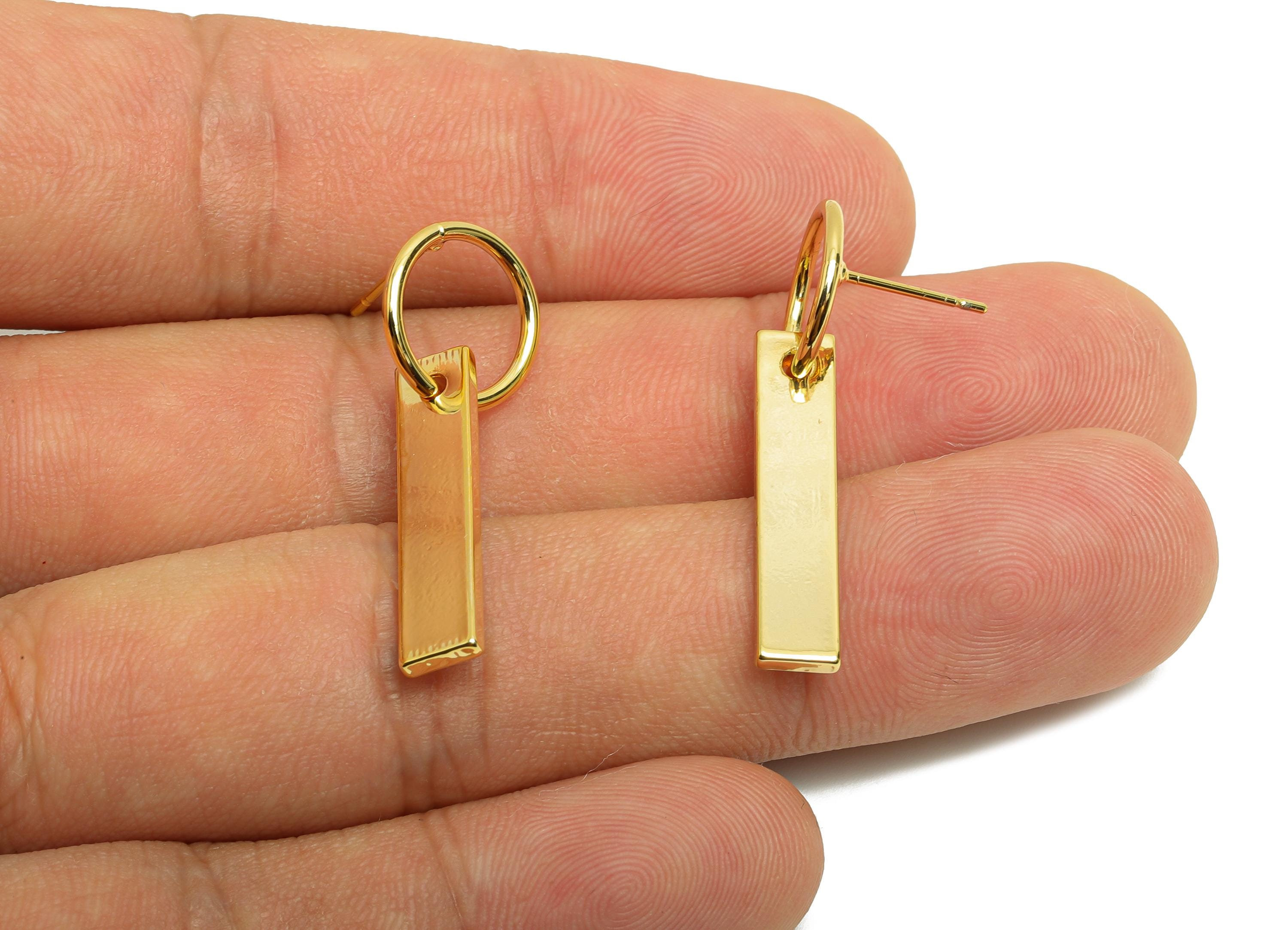 Brass Circle Earring Stud - Gold Earring Post for Woman&#39;s - Rectangle Dangle Stud Ear - 18K Real Gold Plating - 33.16x12.13x1.2mm - RGP8722 - DOMEDBAZAAR