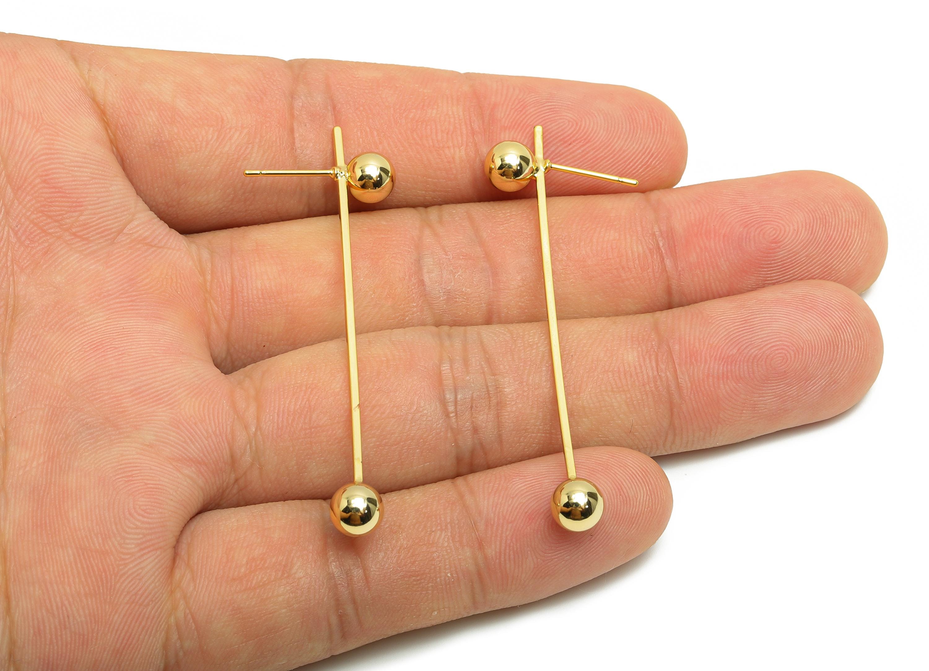 Brass Bar Ball Earring Stud - Gold Earring Post for Woman&#39;s - Beads Ball Bar Stud Earring - 18K Real Gold Plating - 55.4x6.05x1mm - RGP8728 - DOMEDBAZAAR