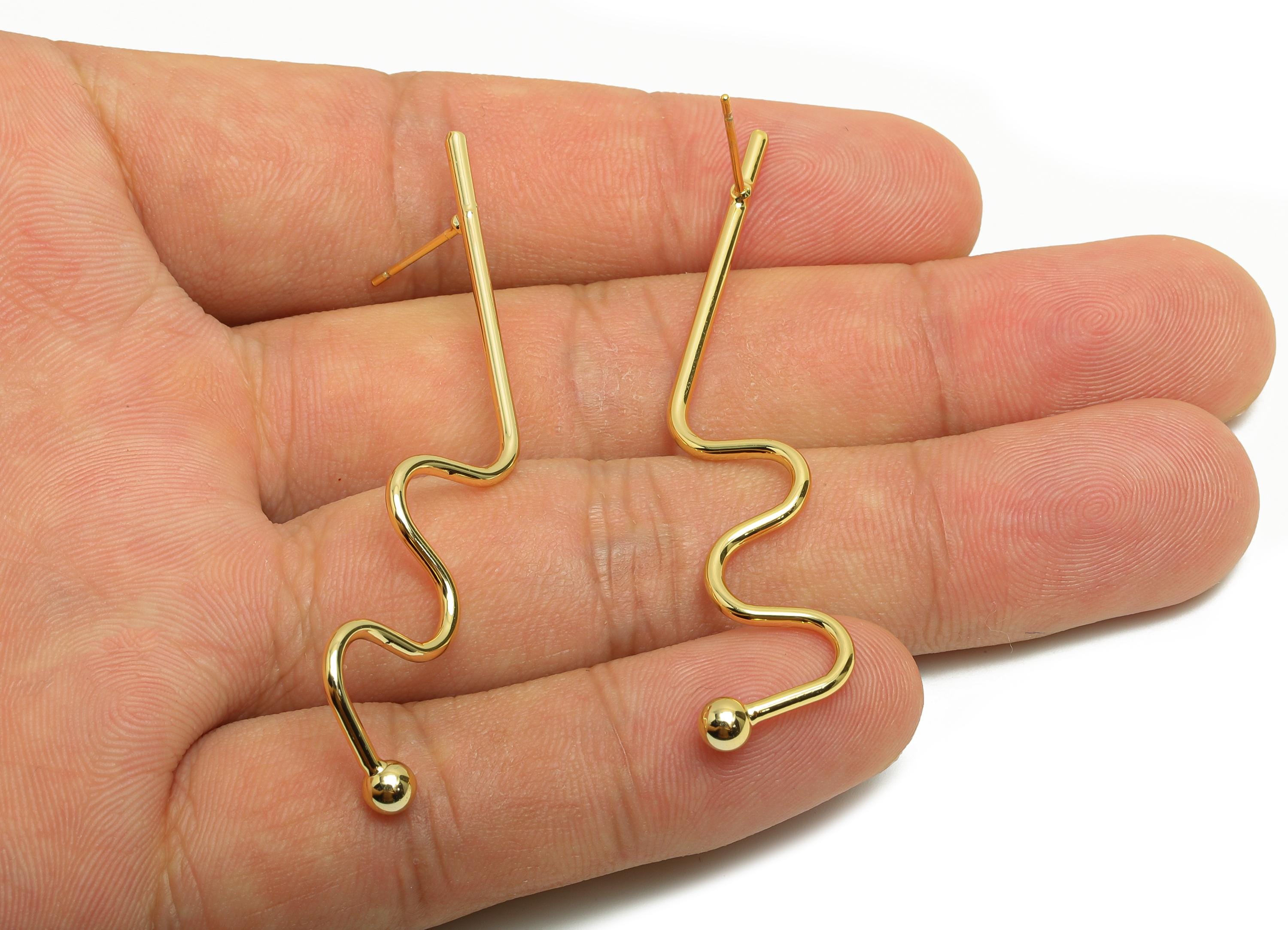 Brass Bar Earring Stud - EKG Earring Post for Woman&#39;s - Gold Daily Wear Curved Bar Earring - 18K Real Gold Plated-58.02x11.33x1.51mm-RGP8732 - DOMEDBAZAAR