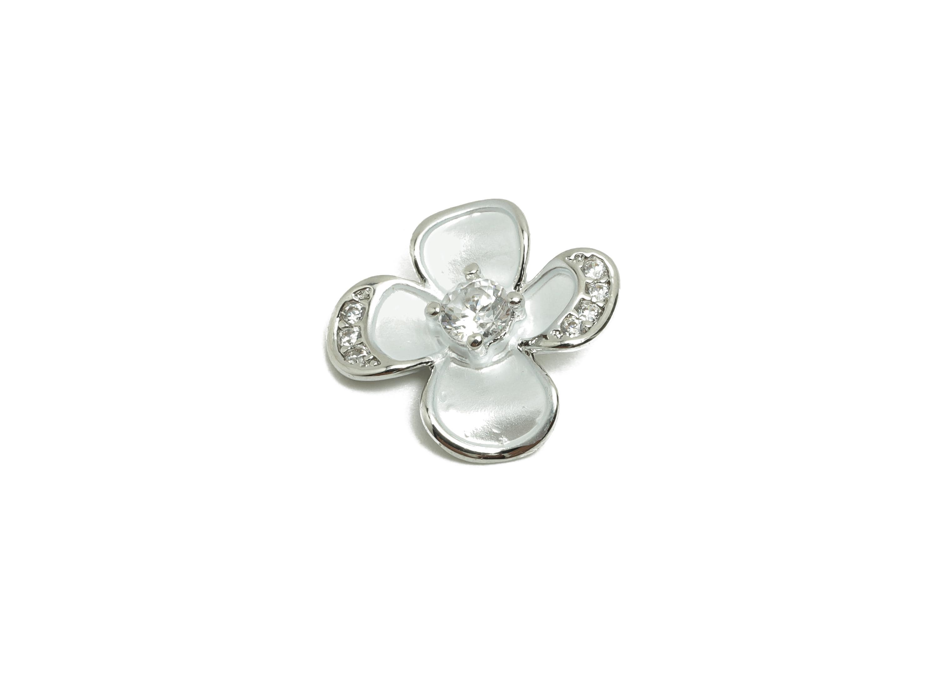 Brass CZ Flower Earring Charm - Brass Enamel Flower Charm - Zircon Botanical Pendant - 18K Real White Gold Plating - 13.9x12x3mm - RGP9987 - DOMEDBAZAAR