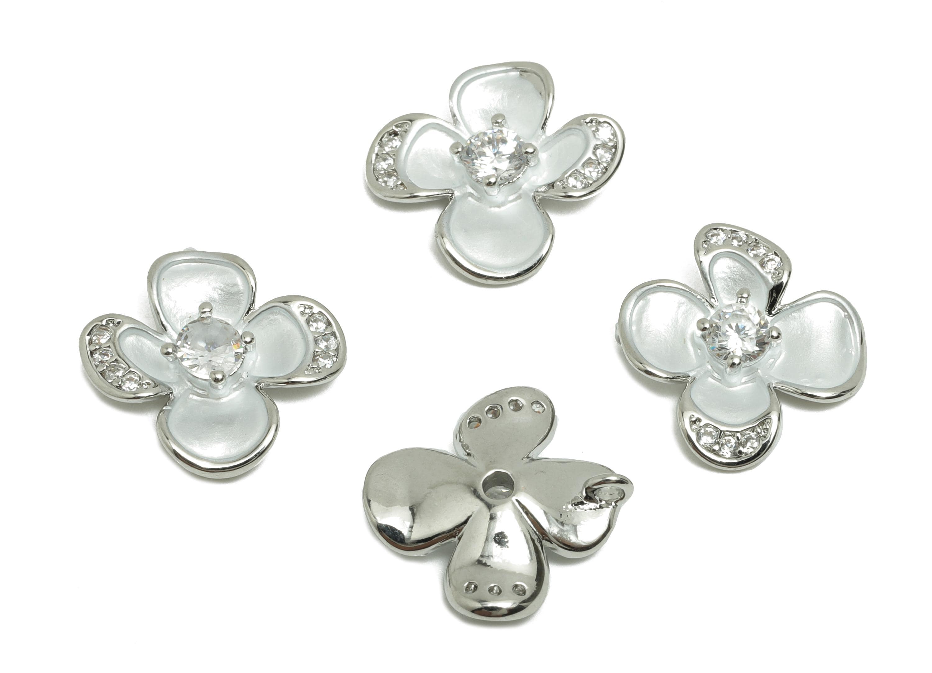 Brass CZ Flower Earring Charm - Brass Enamel Flower Charm - Zircon Botanical Pendant - 18K Real White Gold Plating - 13.9x12x3mm - RGP9987 - DOMEDBAZAAR