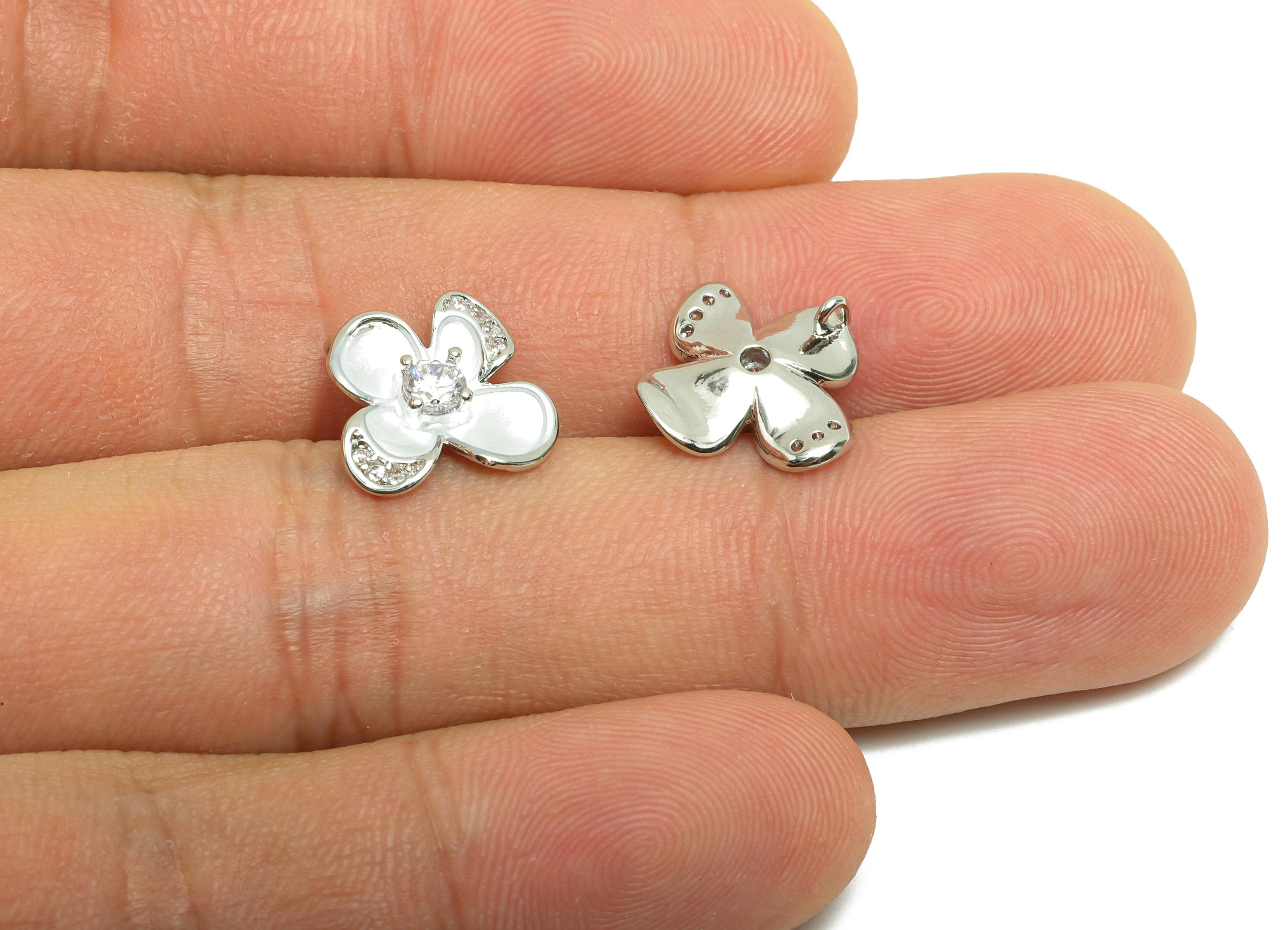 Brass CZ Flower Earring Charm - Brass Enamel Flower Charm - Zircon Botanical Pendant - 18K Real White Gold Plating - 13.9x12x3mm - RGP9987 - DOMEDBAZAAR