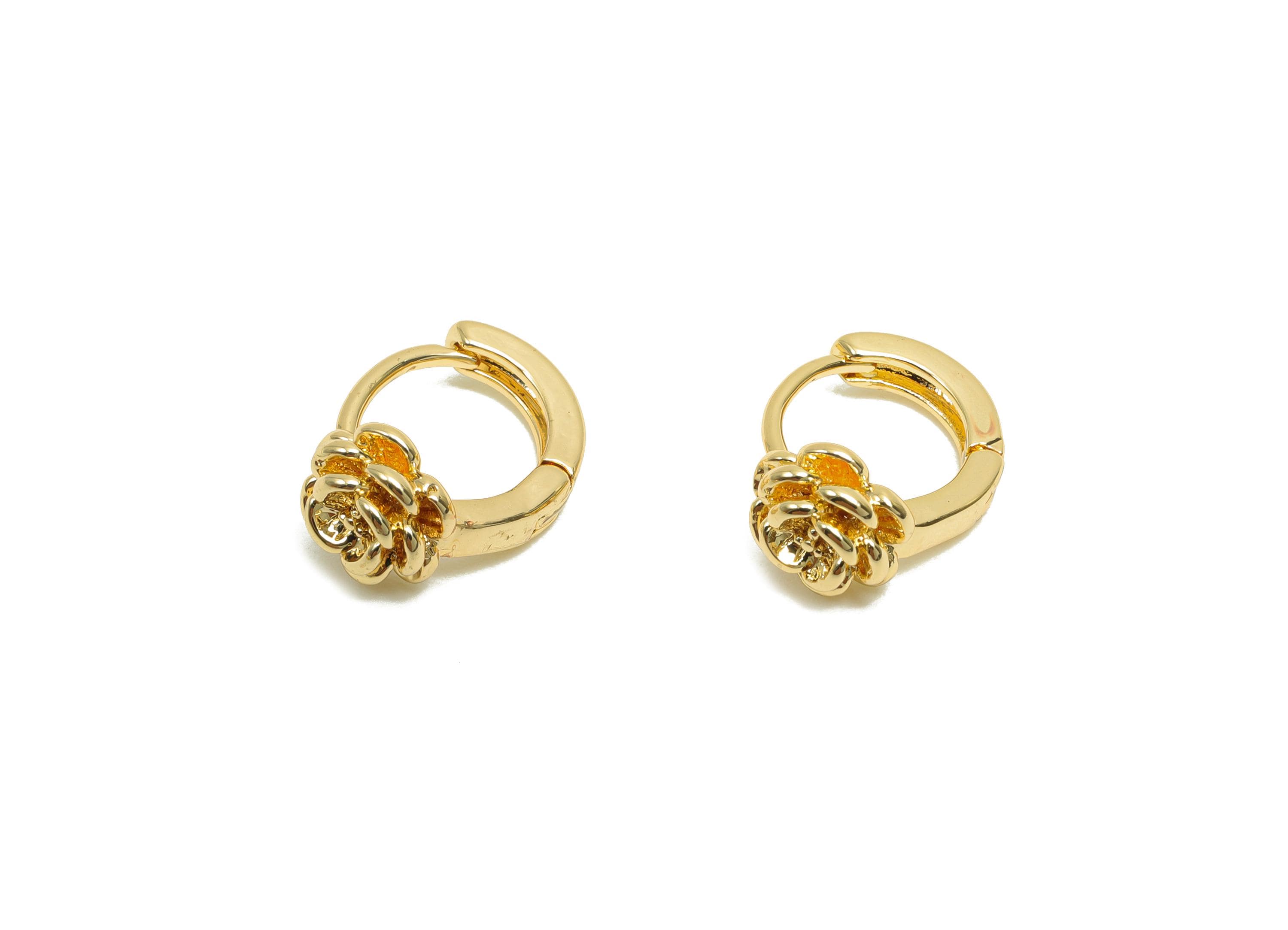 Brass Rose Hoop Earring - Brass Flower Huggie Hoop Earring - Brass Hoop Earring - 18K Real Gold Plating - 11.8x9.32x5.7mm - RGP8202 - DOMEDBAZAAR