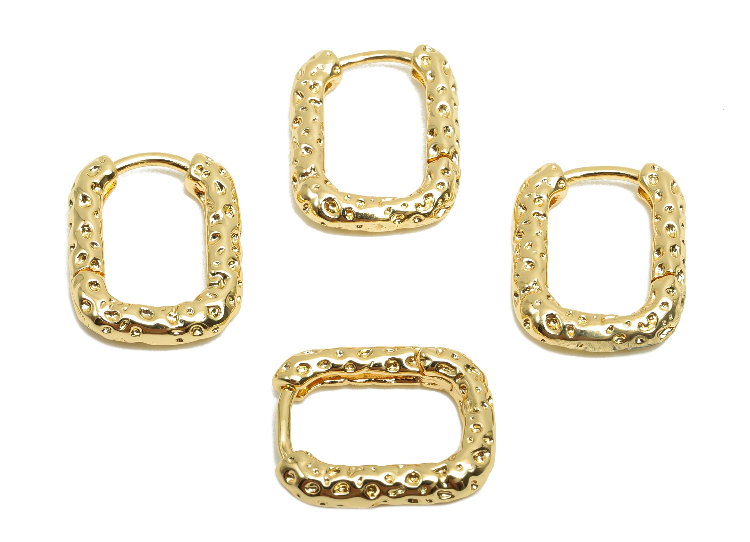 Brass Hoop Earring - Brass Rectangle Huggie Hoop Earring - Textured Clasp Hoop Earring - 18K Real Gold Plating - 15x12.4x2.96mm - RGP8207 - DOMEDBAZAAR
