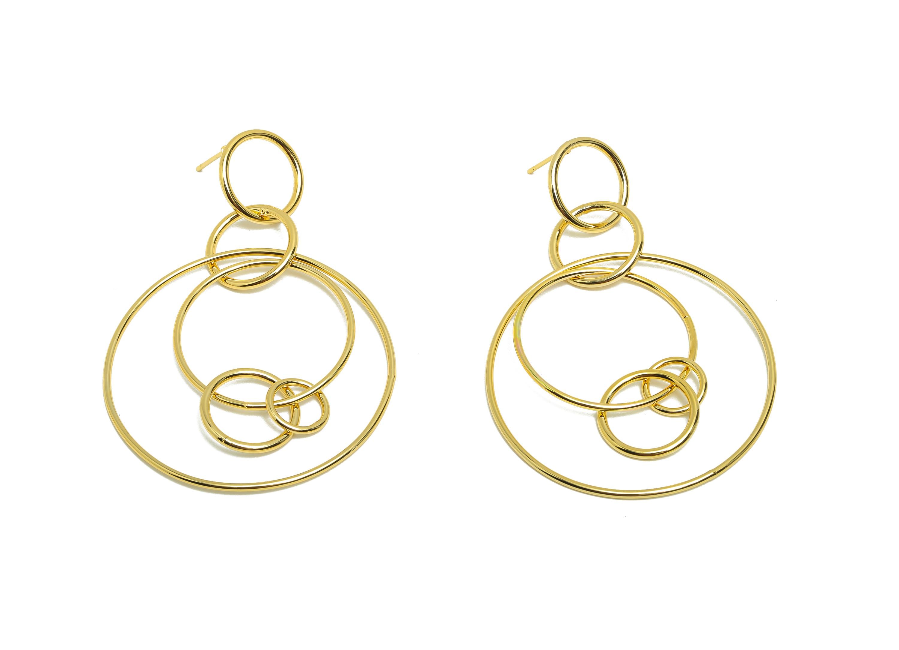 Brass Circle Dangle Earring - Hoop Dangle Earring Post for Woman&#39;s - Gold Earring Stud - 18K Real Gold Plating - 60.05x42.45x1.2mm - RGP8738 - DOMEDBAZAAR