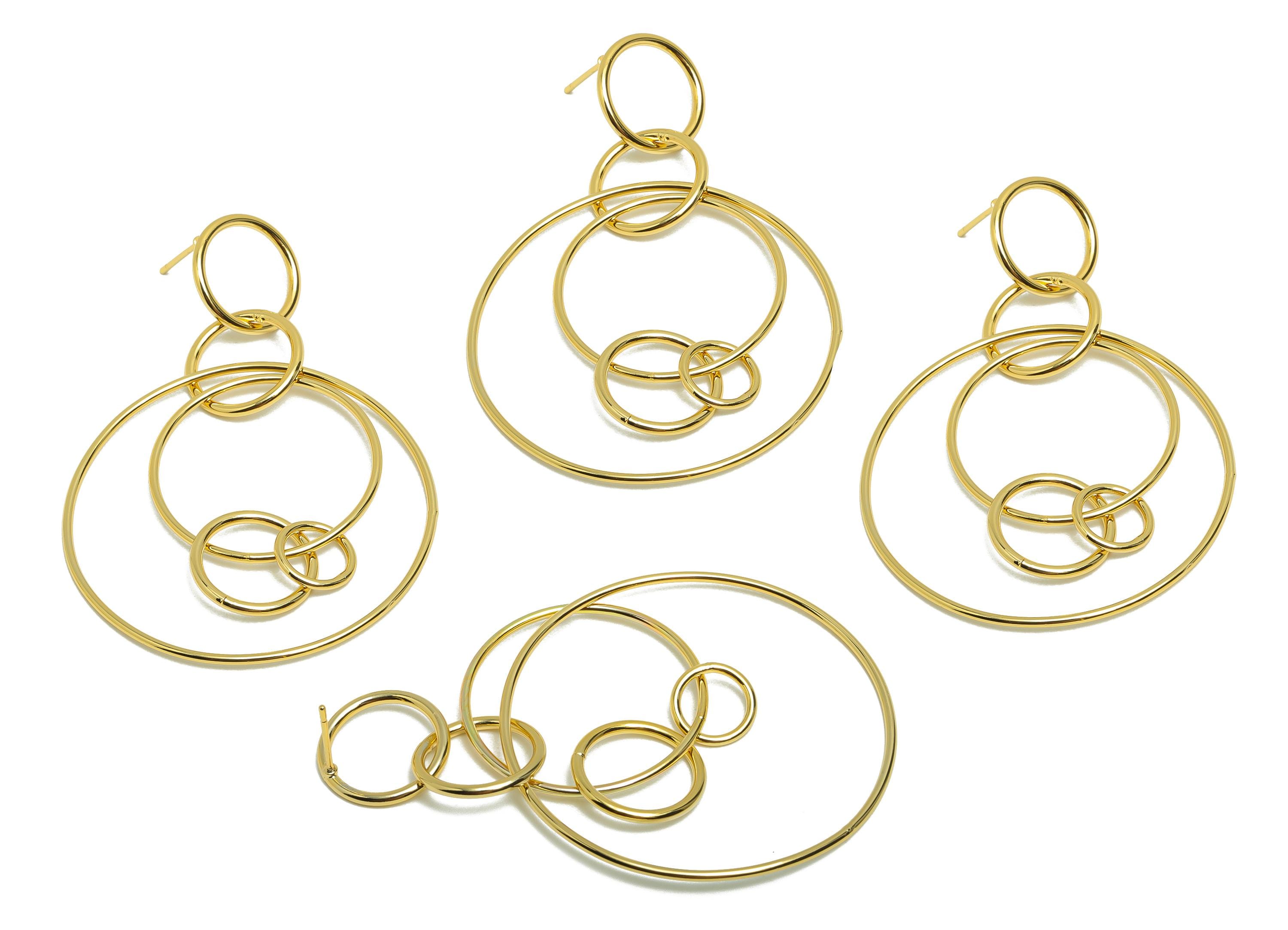 Brass Circle Dangle Earring - Hoop Dangle Earring Post for Woman&#39;s - Gold Earring Stud - 18K Real Gold Plating - 60.05x42.45x1.2mm - RGP8738 - DOMEDBAZAAR