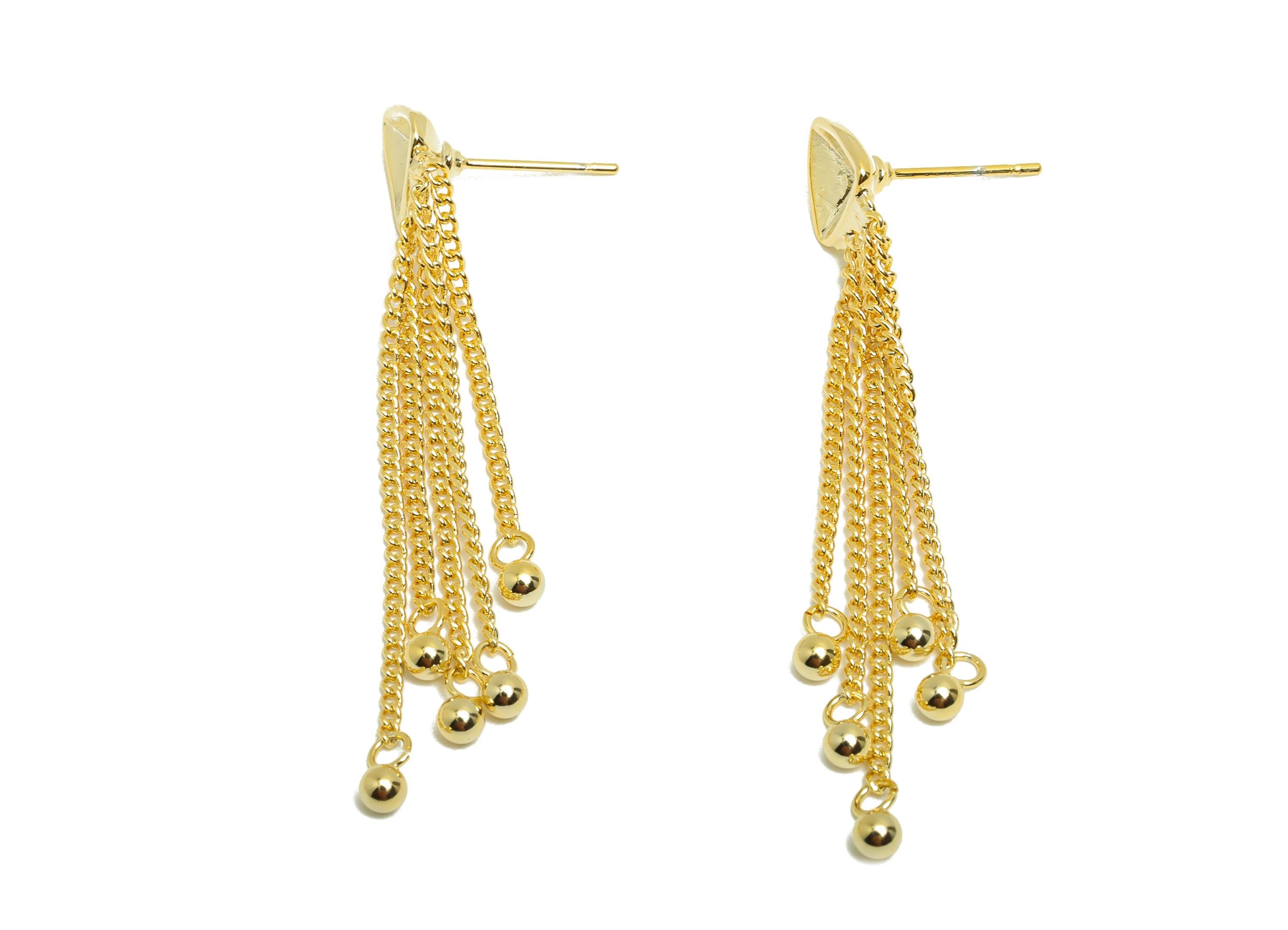 Brass Triangle Tassel Ear - Gold Triangle Setting Ear Post for Woman - Ear with Beaded Ends - 18K Real Gold Plated- 51.89x8.8x1.71mm-RGP8739 - DOMEDBAZAAR