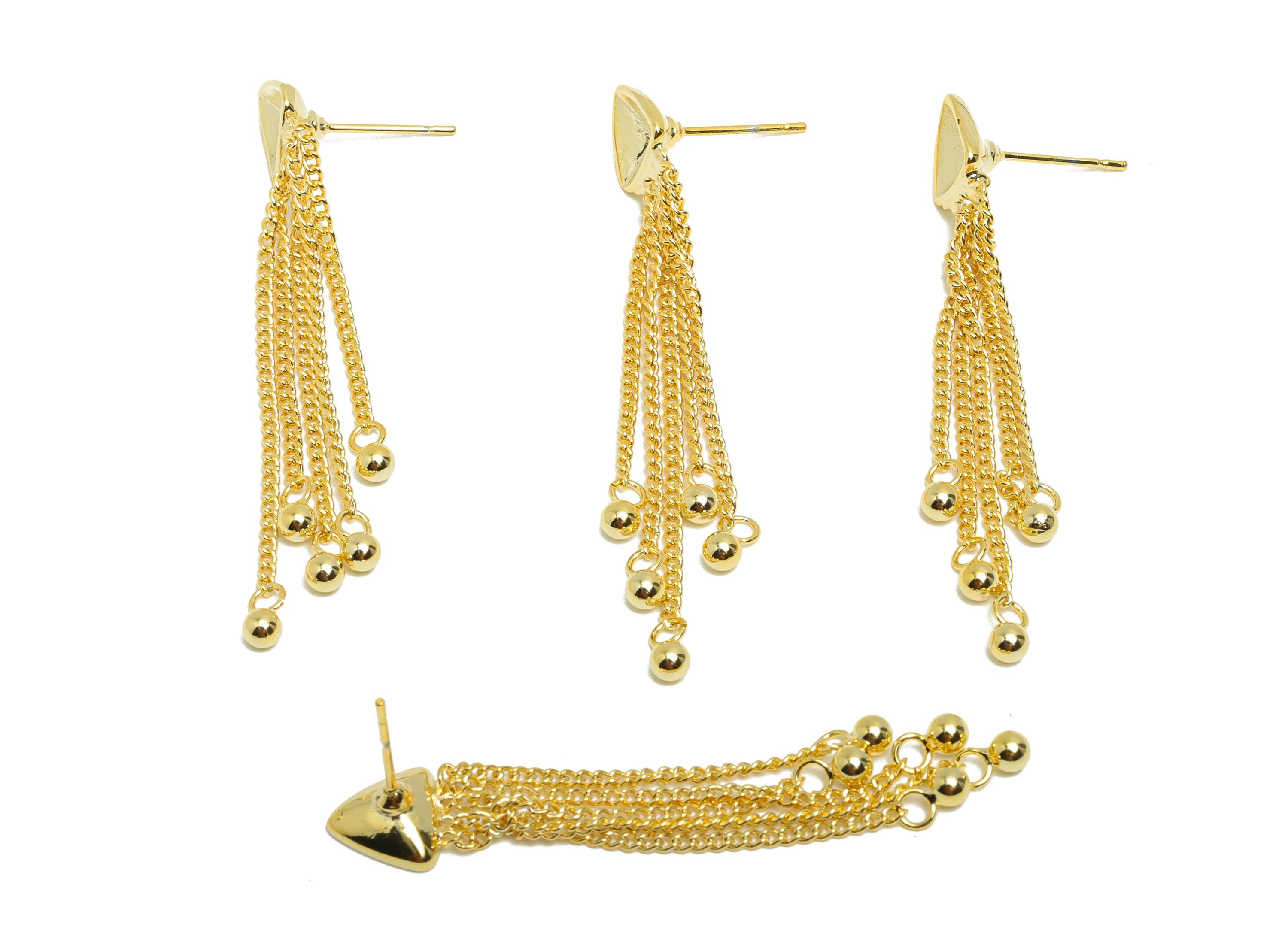 Brass Triangle Tassel Ear - Gold Triangle Setting Ear Post for Woman - Ear with Beaded Ends - 18K Real Gold Plated- 51.89x8.8x1.71mm-RGP8739 - DOMEDBAZAAR