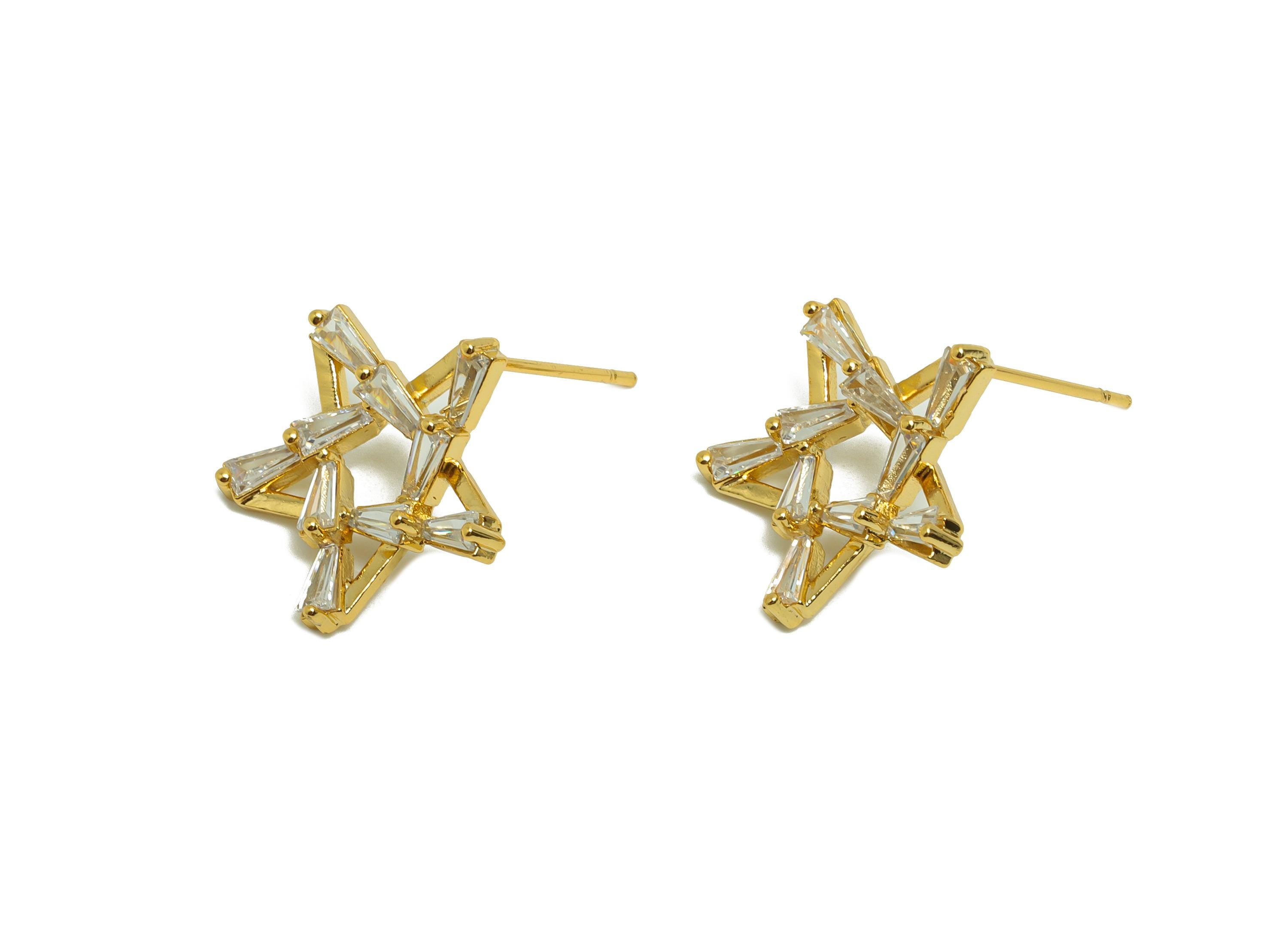 Brass Zircon Star Earring - Five-Pointed Star Earring Post for Girl - Gold CZ Earring Stud - 18K Real Gold Plating -17.5x14.3x3.5mm -RGP8749 - DOMEDBAZAAR