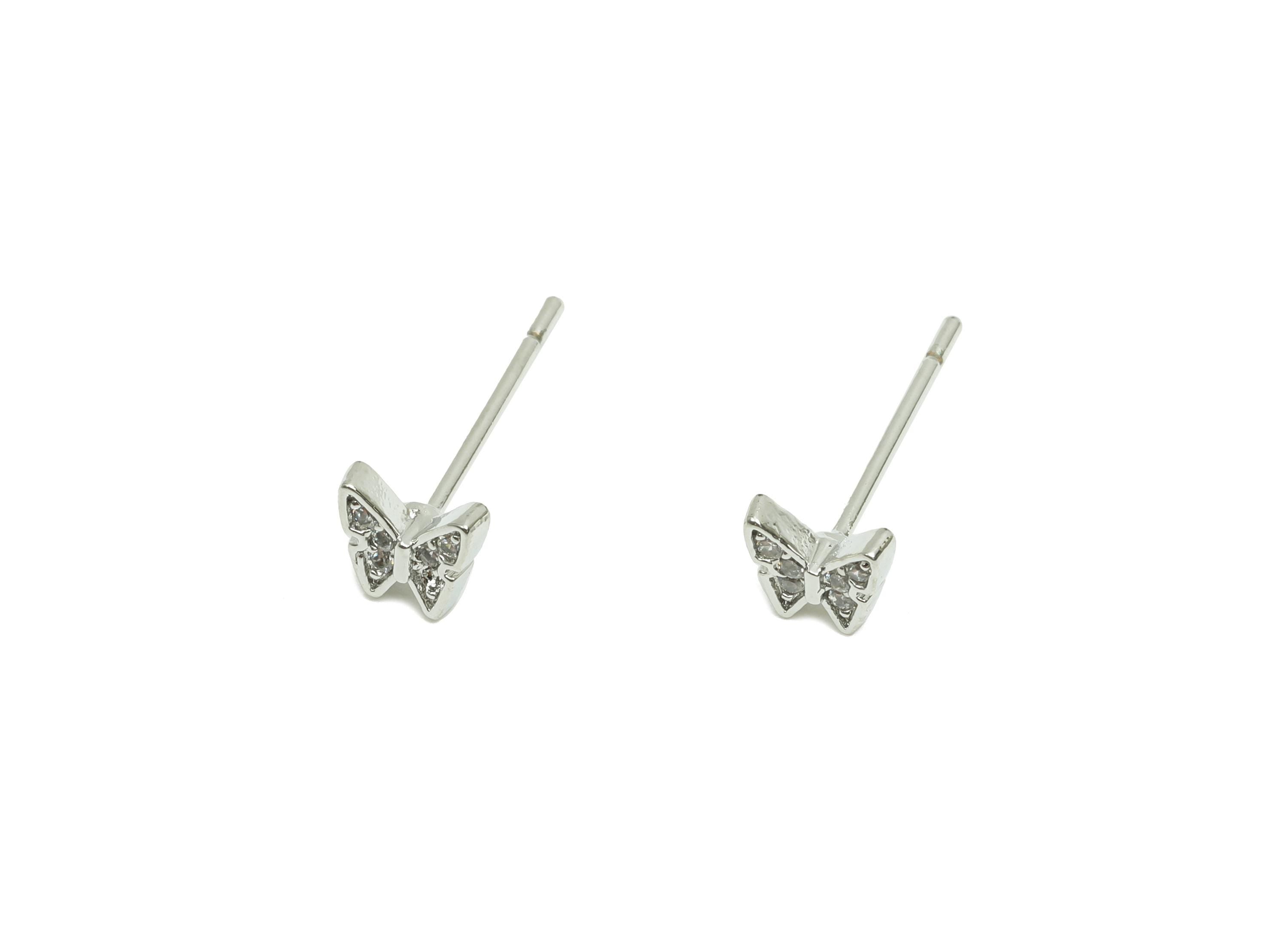 Brass CZ Earring Post - Brass Butterfly Earring Stud - Brass Cubic Zircon Earring Post  - 18K Real White Gold Plating - 13x4.9x1mm - RGP8226 - DOMEDBAZAAR