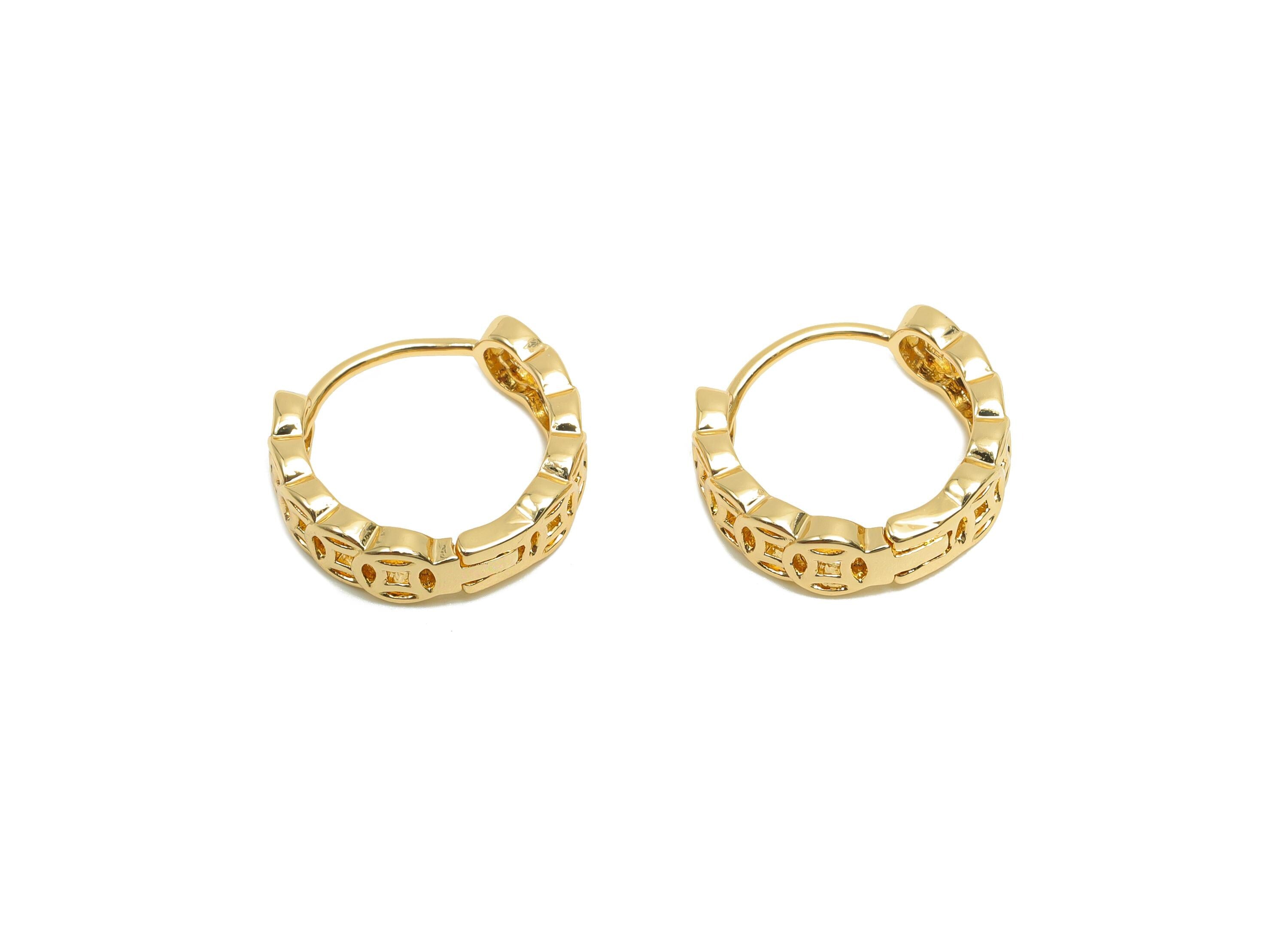 Brass Hoop Earring - Brass Round Huggie Hoop Earring - Textured Hoop Earring With Loop - 18K Real Gold Plating - 13.6x13x4.09mm - RGP8214 - DOMEDBAZAAR