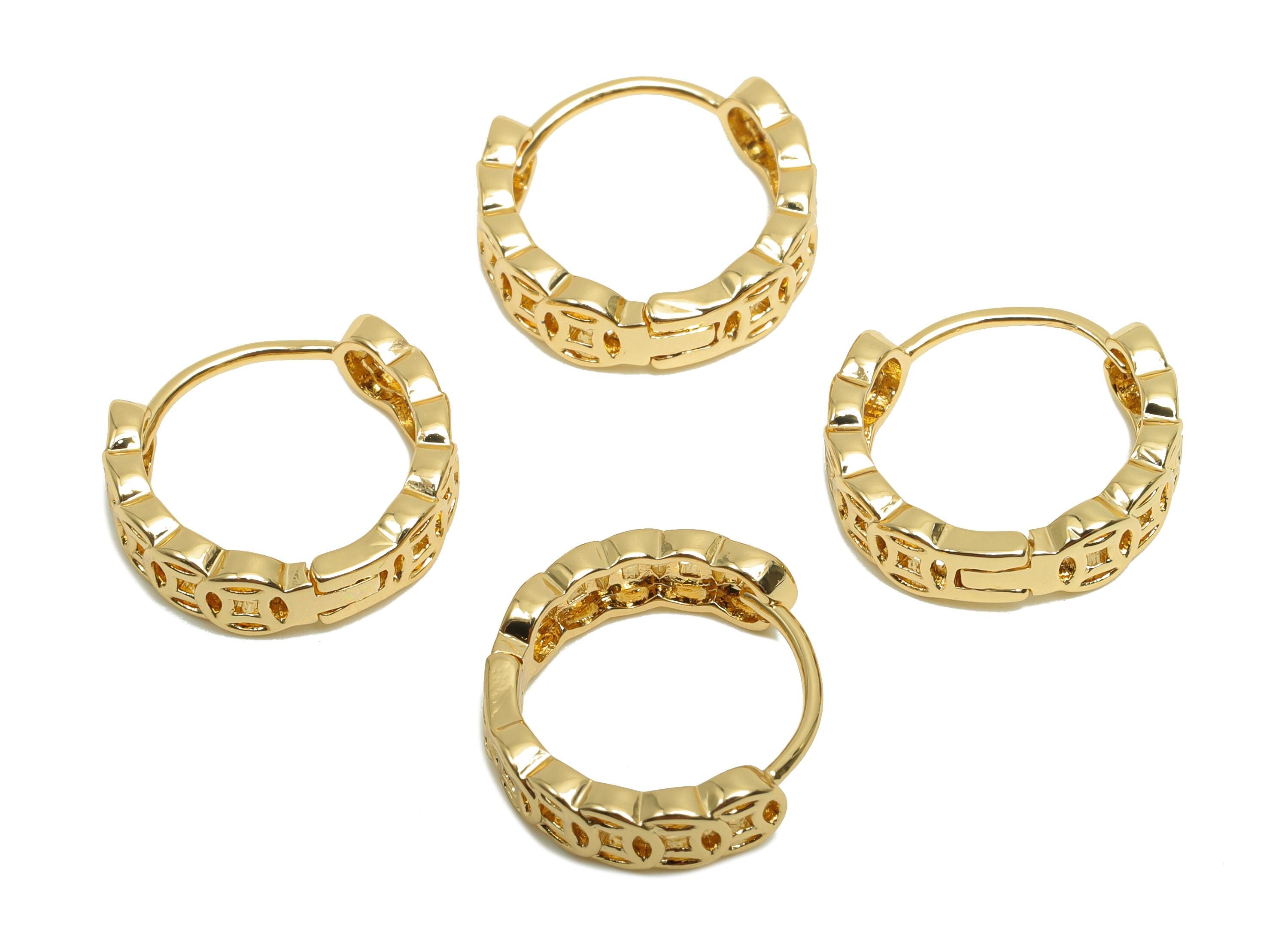Brass Hoop Earring - Brass Round Huggie Hoop Earring - Textured Hoop Earring With Loop - 18K Real Gold Plating - 13.6x13x4.09mm - RGP8214 - DOMEDBAZAAR