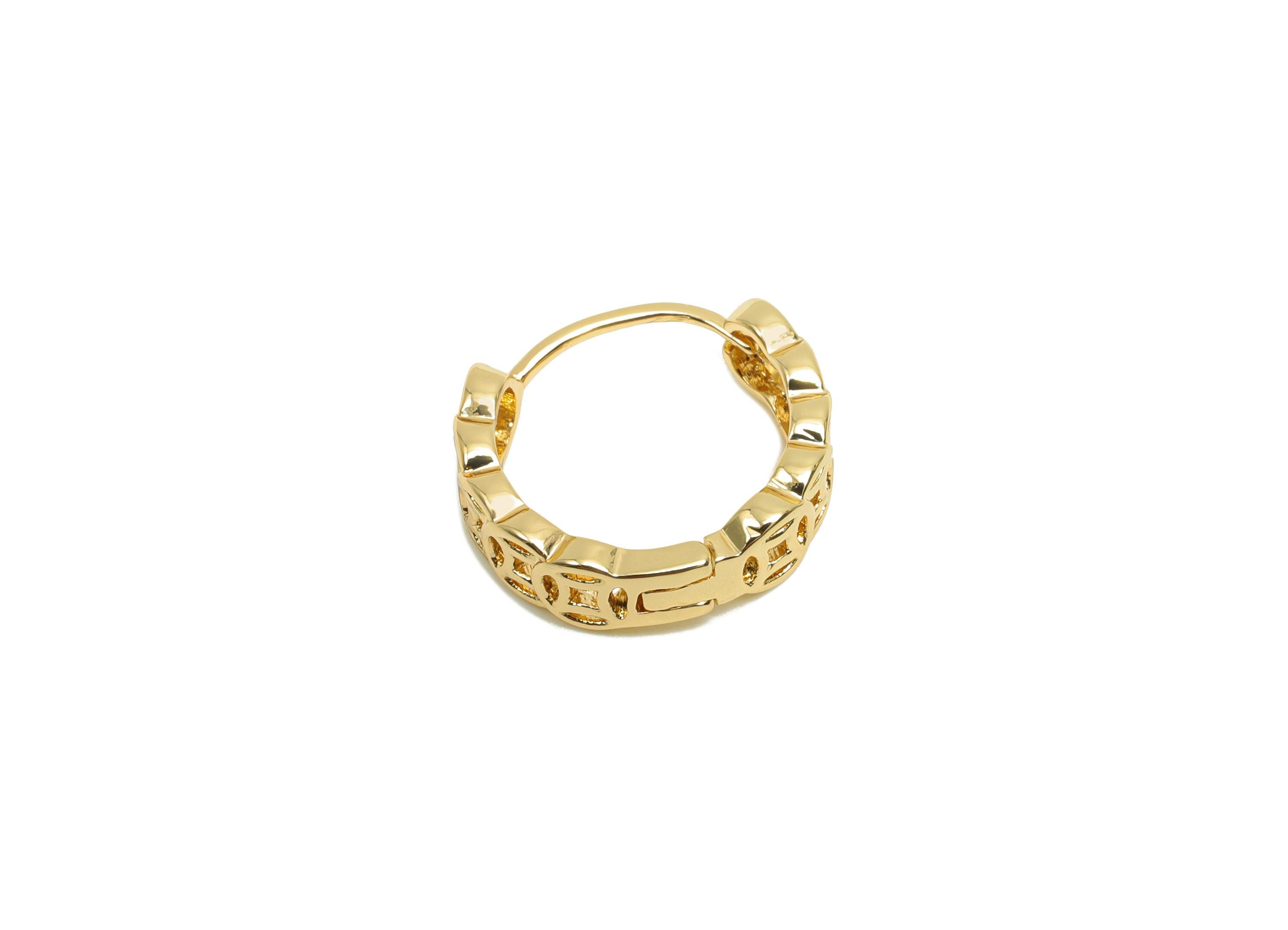 Brass Hoop Earring - Brass Round Huggie Hoop Earring - Textured Hoop Earring With Loop - 18K Real Gold Plating - 13.6x13x4.09mm - RGP8214 - DOMEDBAZAAR