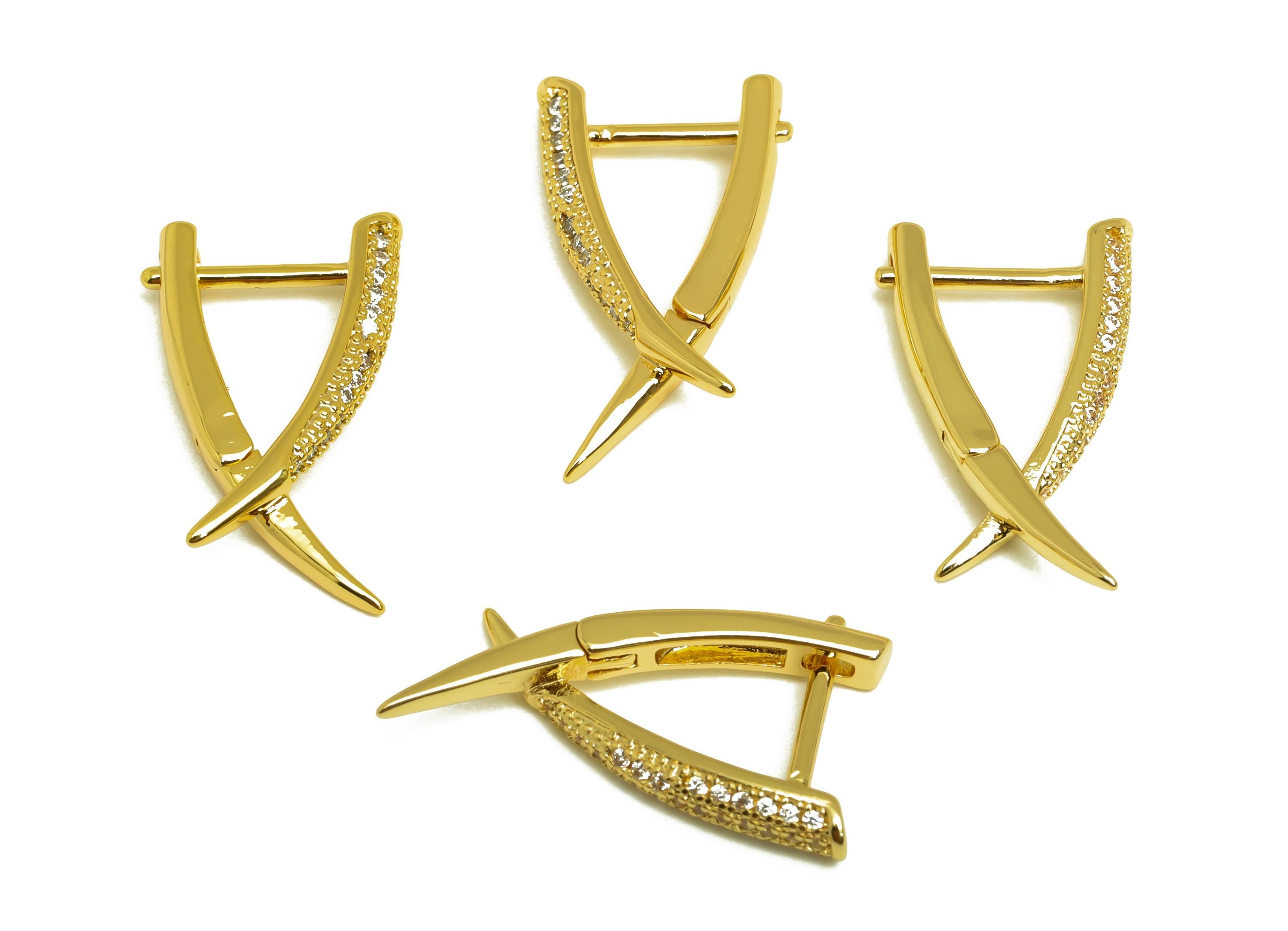 Brass Horn Jacket Huggie Ear - Gold CZ English Lock Earring - Horn Jacket Hoop Clasp - 18K Real Gold Plating - 22.60x12.46x3.06mm - RGP7991 - DOMEDBAZAAR