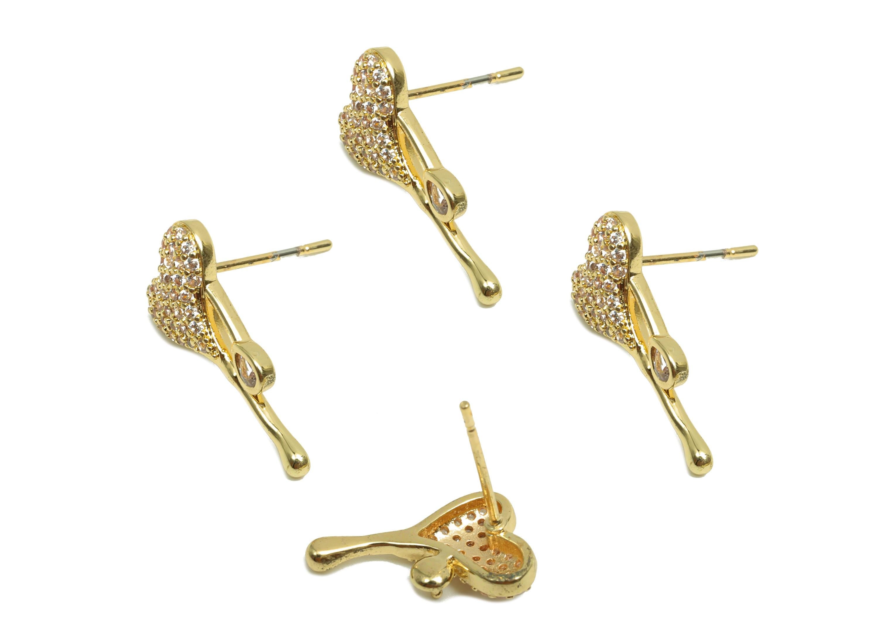 Brass CZ Earring Stud - Brass Cubic Zircon Earring Post - Brass Melt Heart Earring Post - 18K Real Gold Plating - 19.5x9x3.3mm - RGP8190 - DOMEDBAZAAR