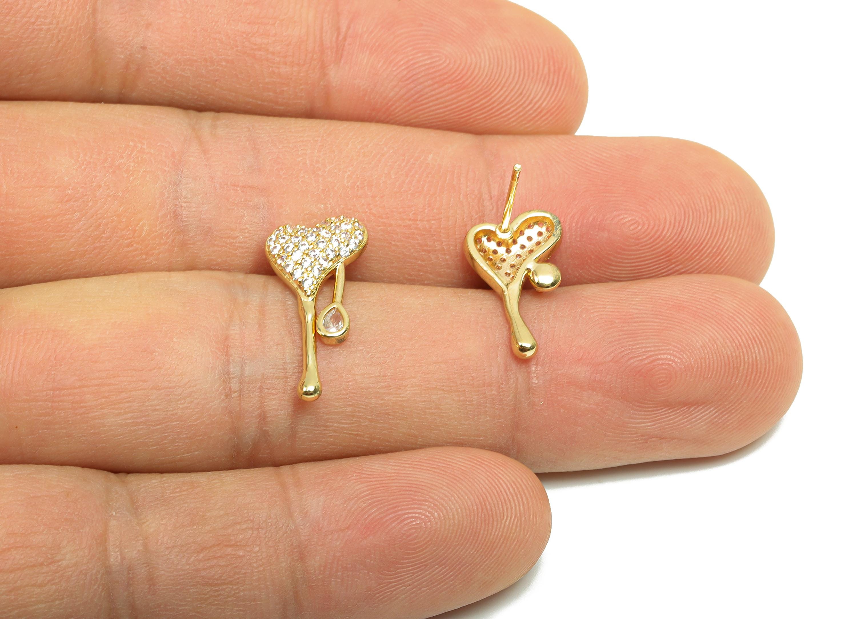 Brass CZ Earring Stud - Brass Cubic Zircon Earring Post - Brass Melt Heart Earring Post - 18K Real Gold Plating - 19.5x9x3.3mm - RGP8190 - DOMEDBAZAAR
