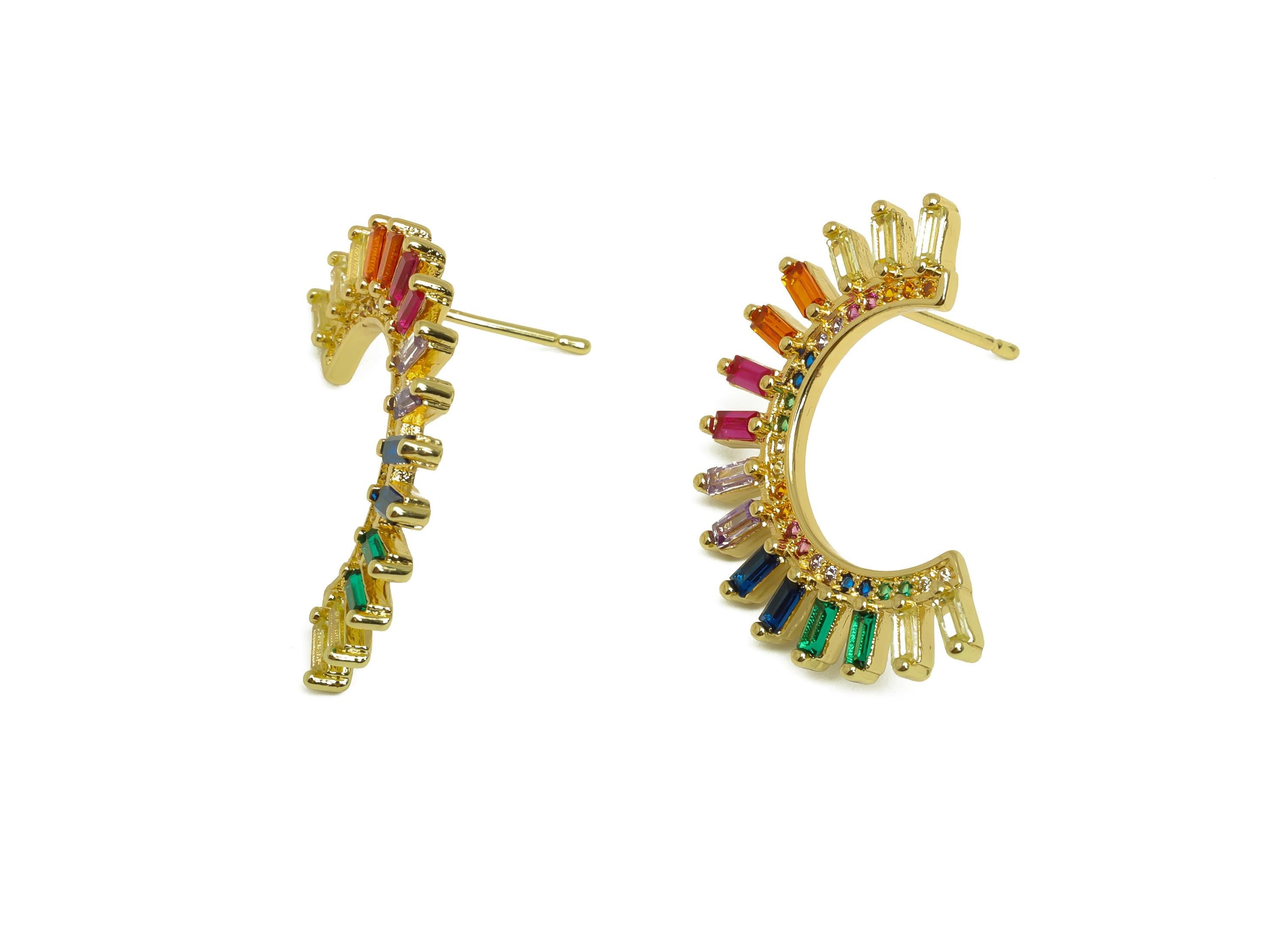 Brass Semicircle Earring Post - Gold Zircon Rainbow Earring - CZ Semicircle Earring Stud - 18K Real Gold Plated -14.73x26.46x2.54mm- RGP7993 - DOMEDBAZAAR