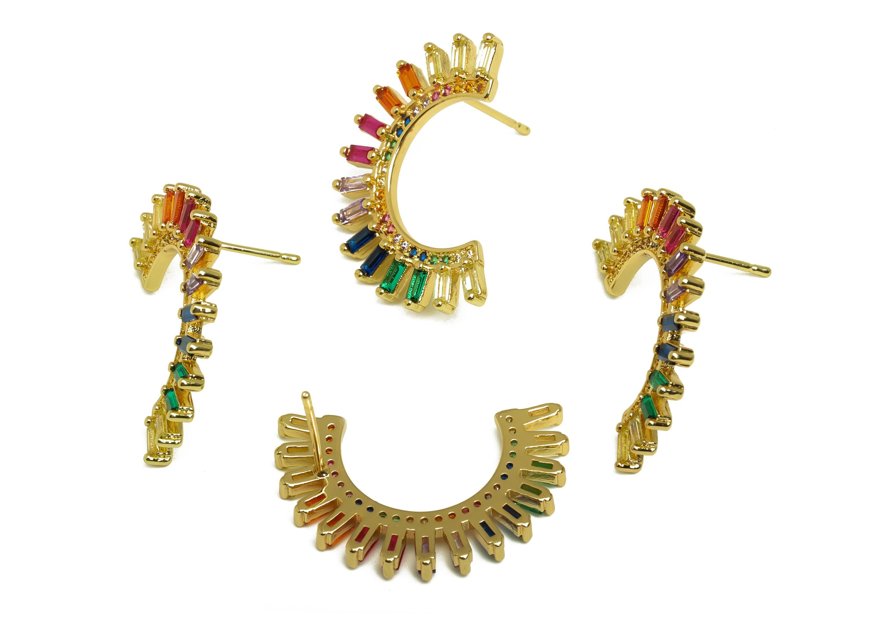 Brass Semicircle Earring Post - Gold Zircon Rainbow Earring - CZ Semicircle Earring Stud - 18K Real Gold Plated -14.73x26.46x2.54mm- RGP7993 - DOMEDBAZAAR
