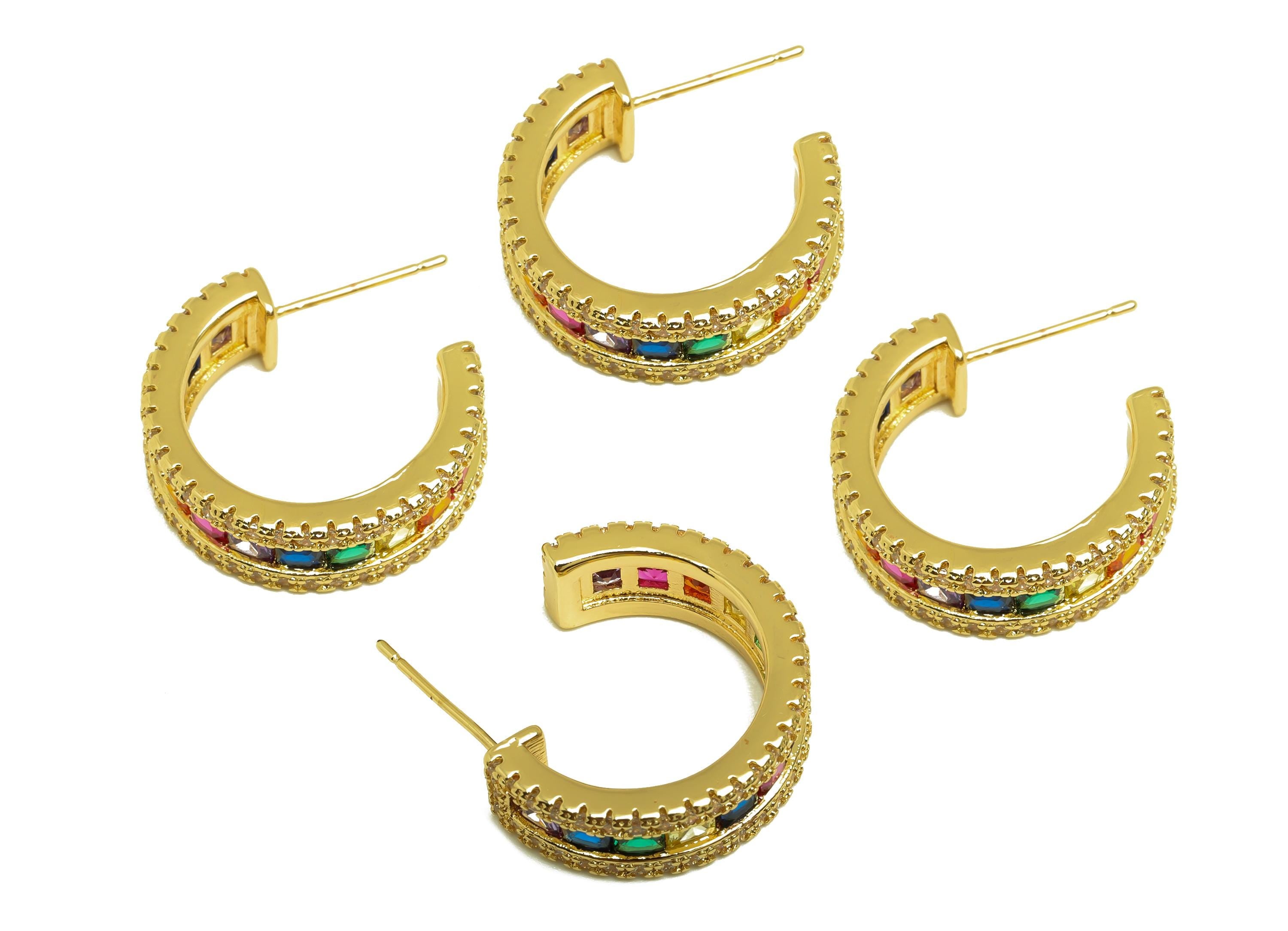 Brass Round C Hoop Ear - Gold Rainbow Zircon Earring Stud - CZ Open C Round Earring Post - 18K Real Gold Plating - 21.85x7x2.89mm - RGP7994 - DOMEDBAZAAR