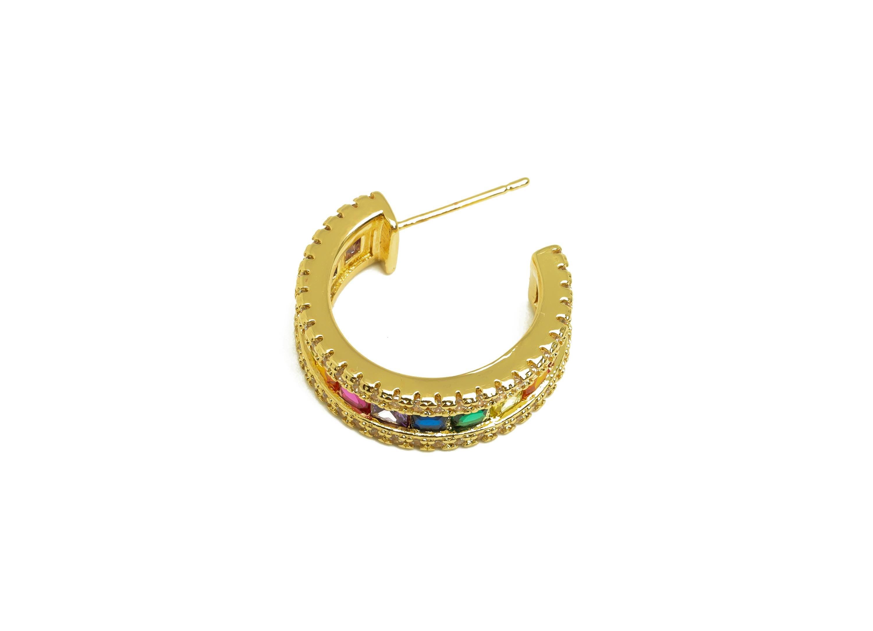 Brass Round C Hoop Ear - Gold Rainbow Zircon Earring Stud - CZ Open C Round Earring Post - 18K Real Gold Plating - 21.85x7x2.89mm - RGP7994 - DOMEDBAZAAR
