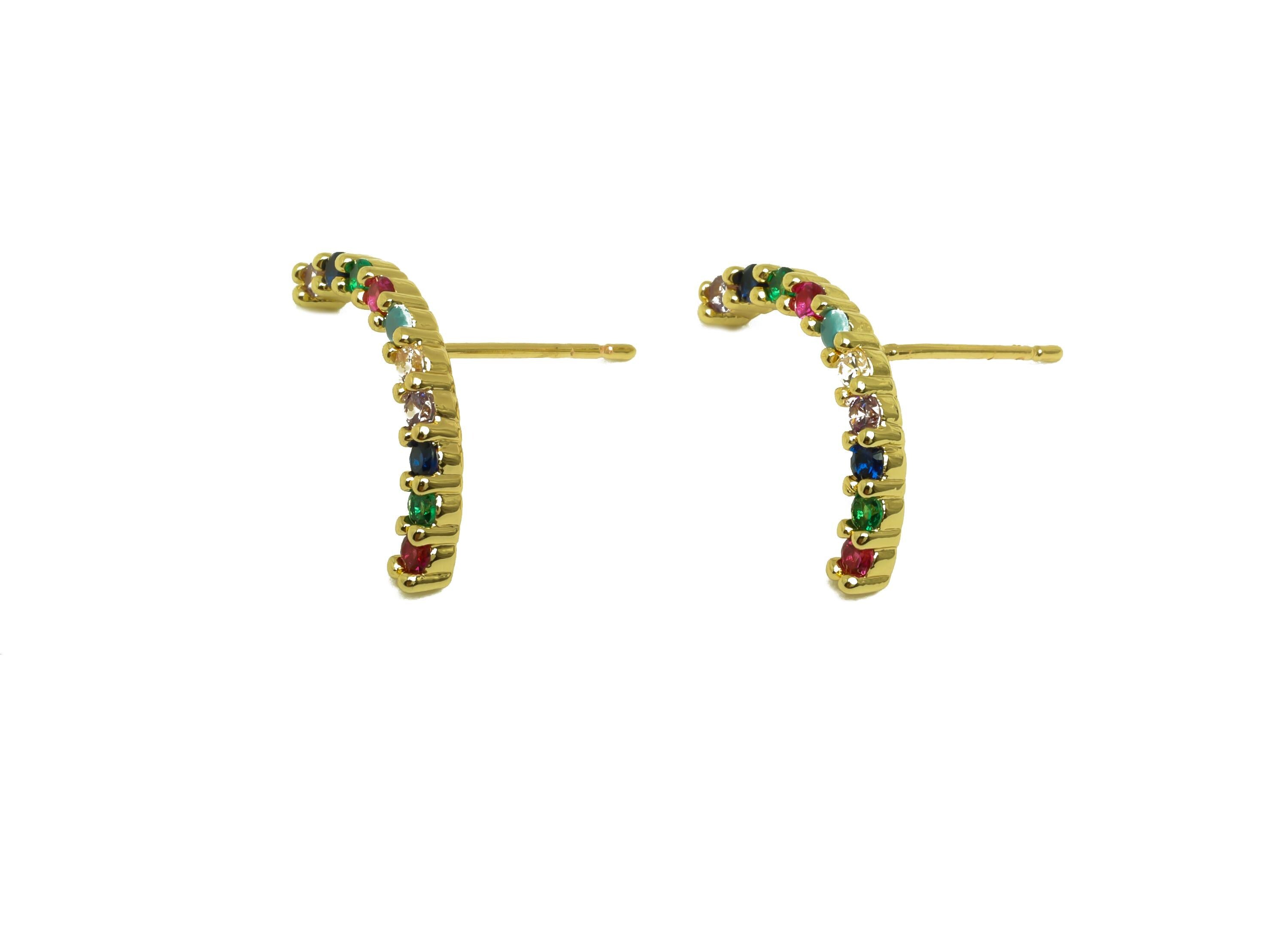 Brass Colorful Earring Post - Gold Colorful Zircon Earring - CZ Curved Bar Earring Stud - 18K Real Gold Plated- 14.45x19.39x2.48mm - RGP7995 - DOMEDBAZAAR