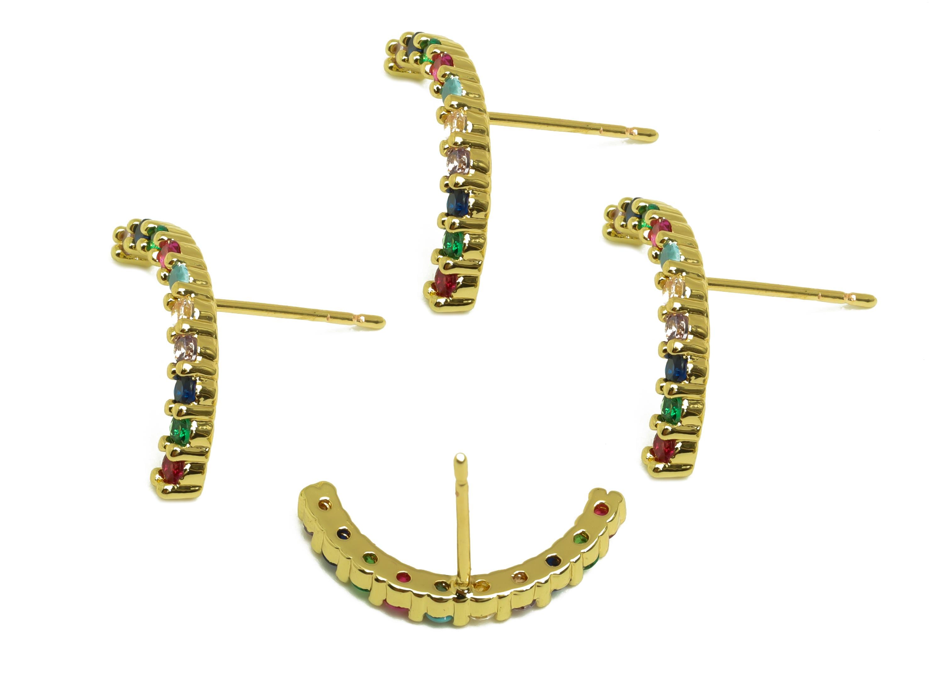 Brass Colorful Earring Post - Gold Colorful Zircon Earring - CZ Curved Bar Earring Stud - 18K Real Gold Plated- 14.45x19.39x2.48mm - RGP7995 - DOMEDBAZAAR