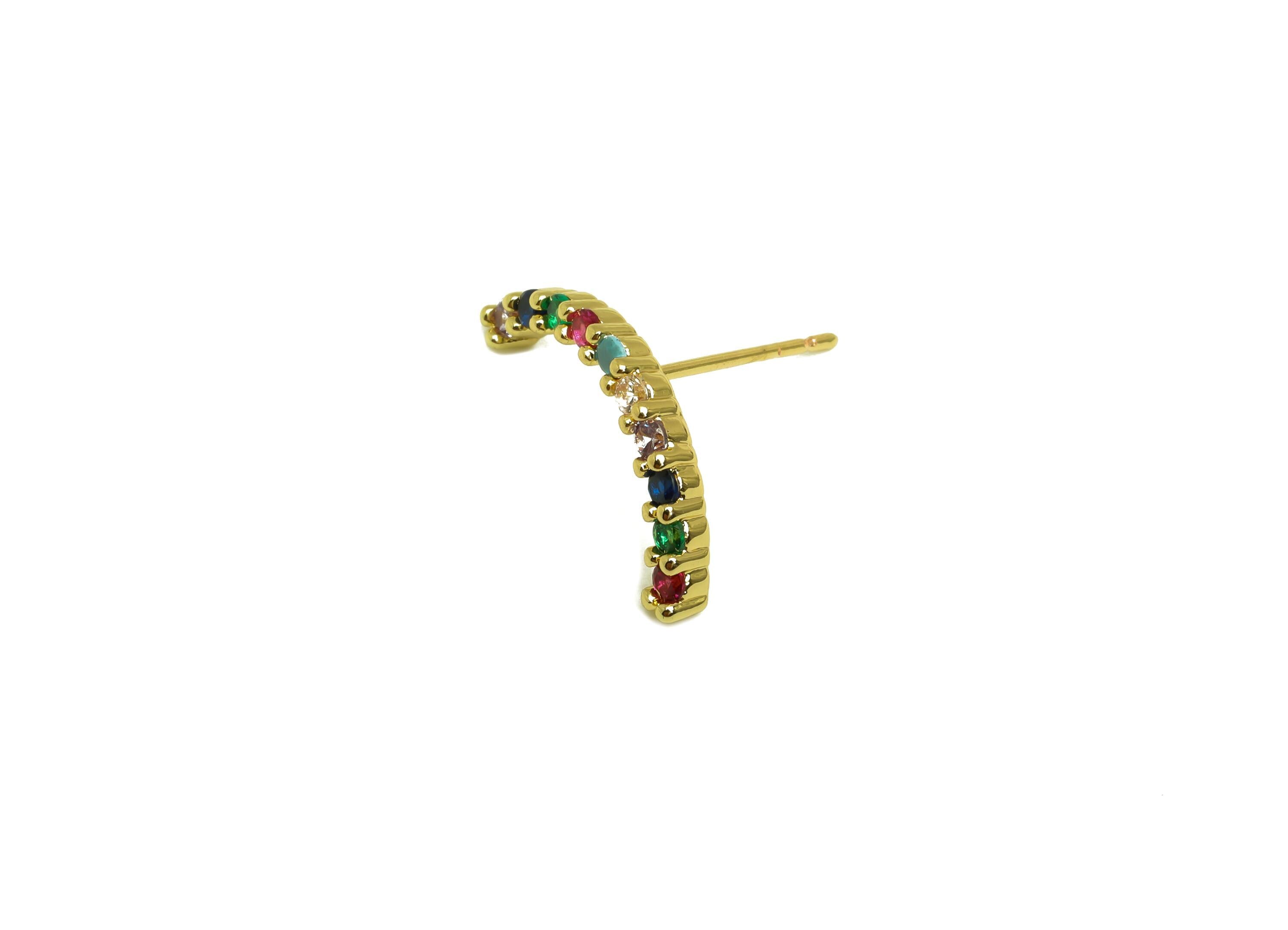 Brass Colorful Earring Post - Gold Colorful Zircon Earring - CZ Curved Bar Earring Stud - 18K Real Gold Plated- 14.45x19.39x2.48mm - RGP7995 - DOMEDBAZAAR